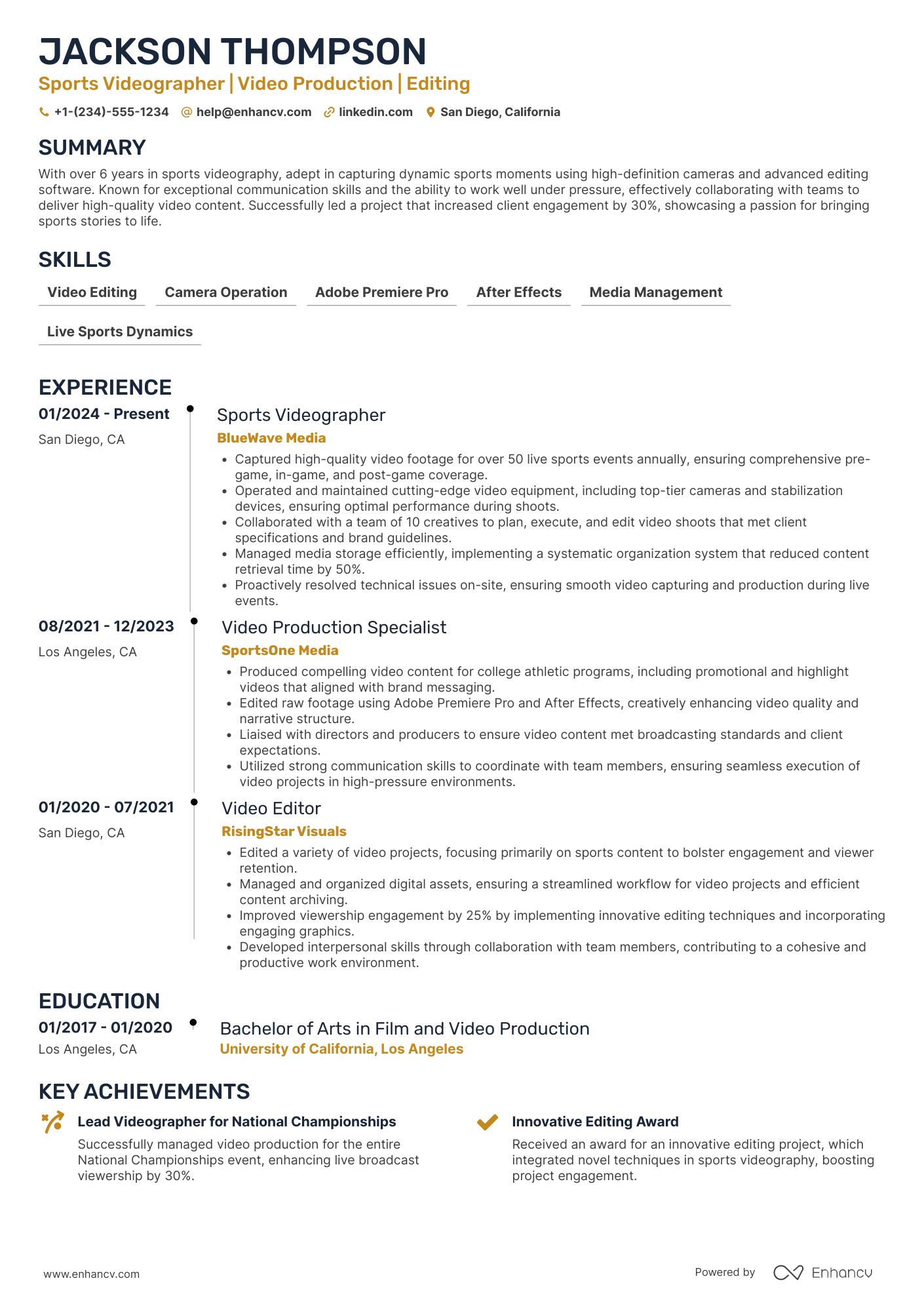 Sports Videographer Resume Example