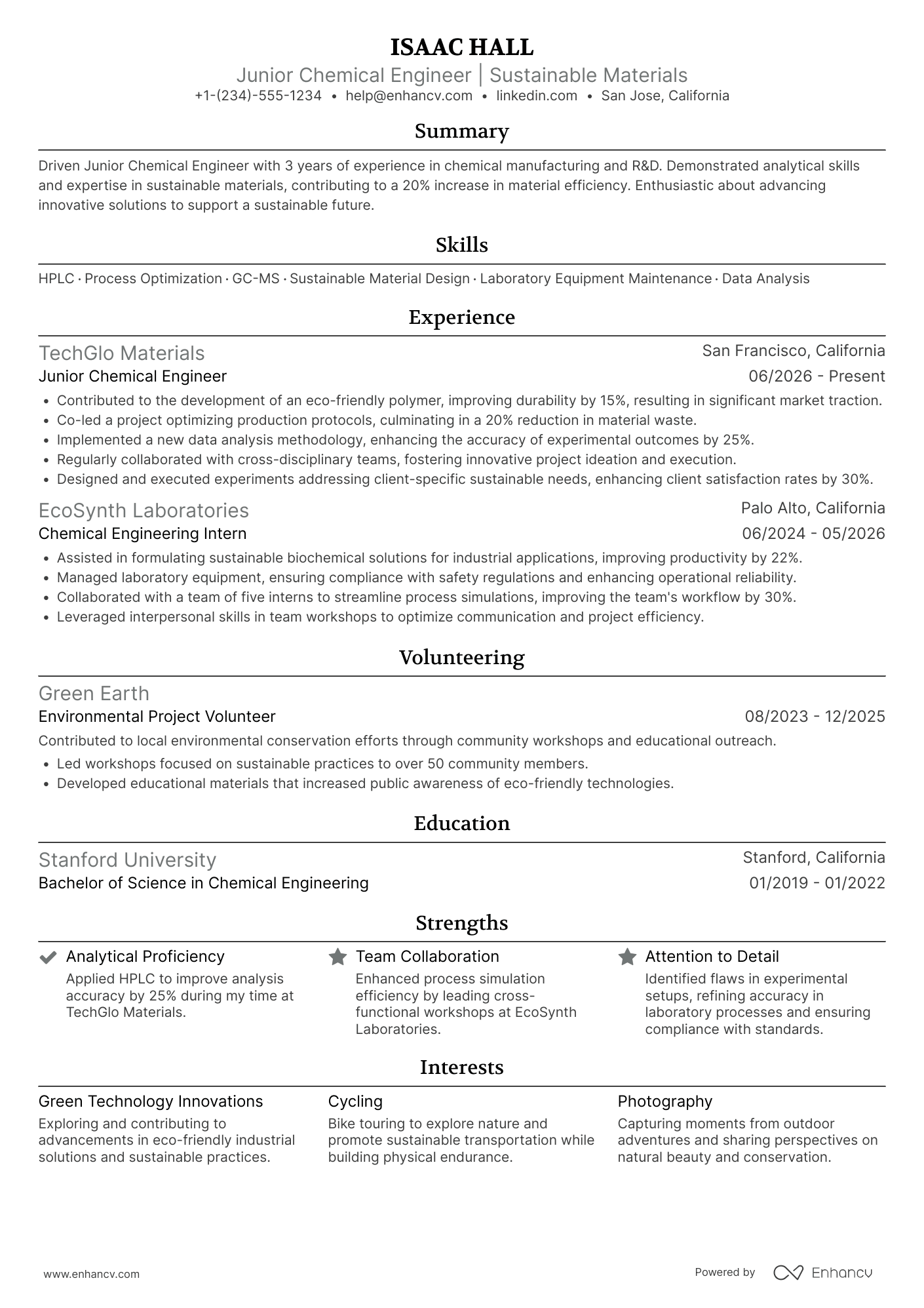 Junior Chemical Engineer Resume Example