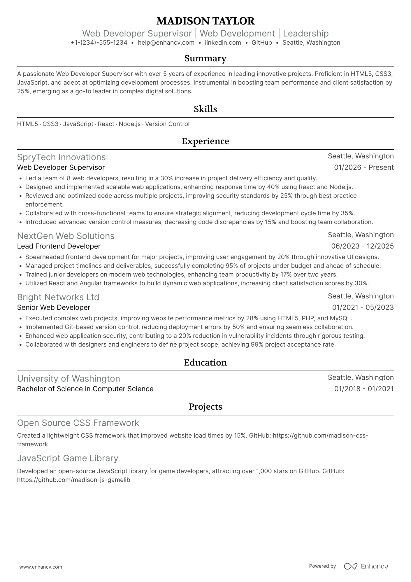 Web Developer Supervisor Resume Example