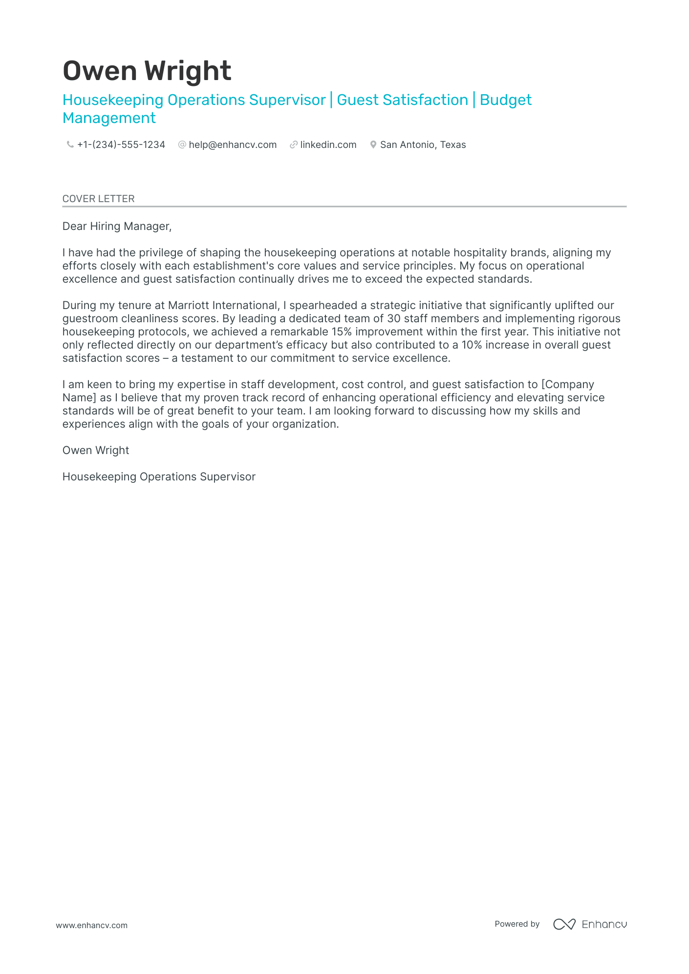 Housekeeping Manager Resume Example
