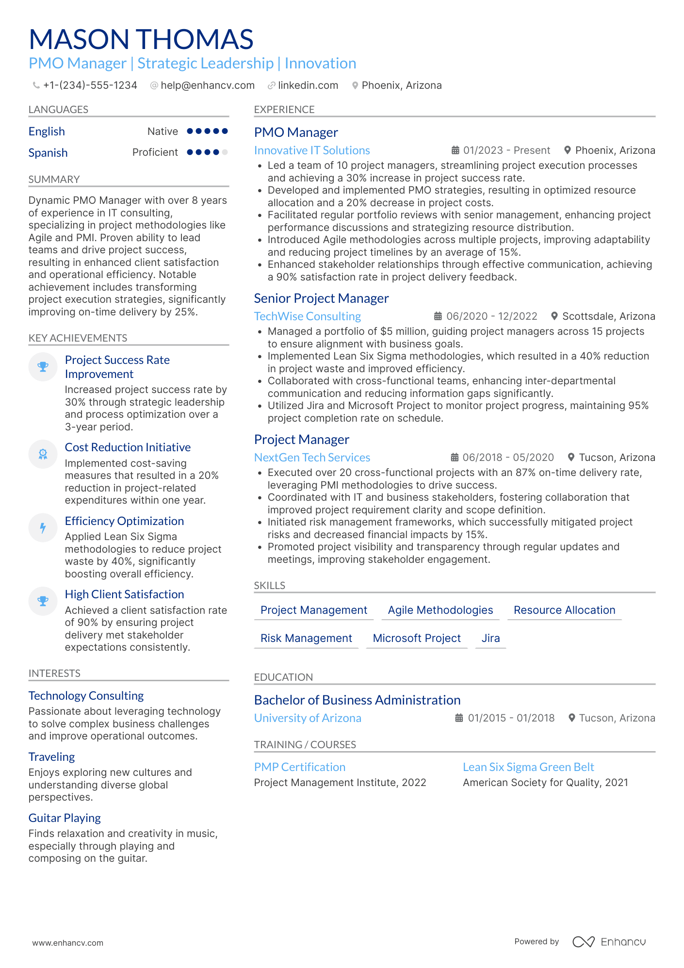 Experienced PMO Manager Resume Example