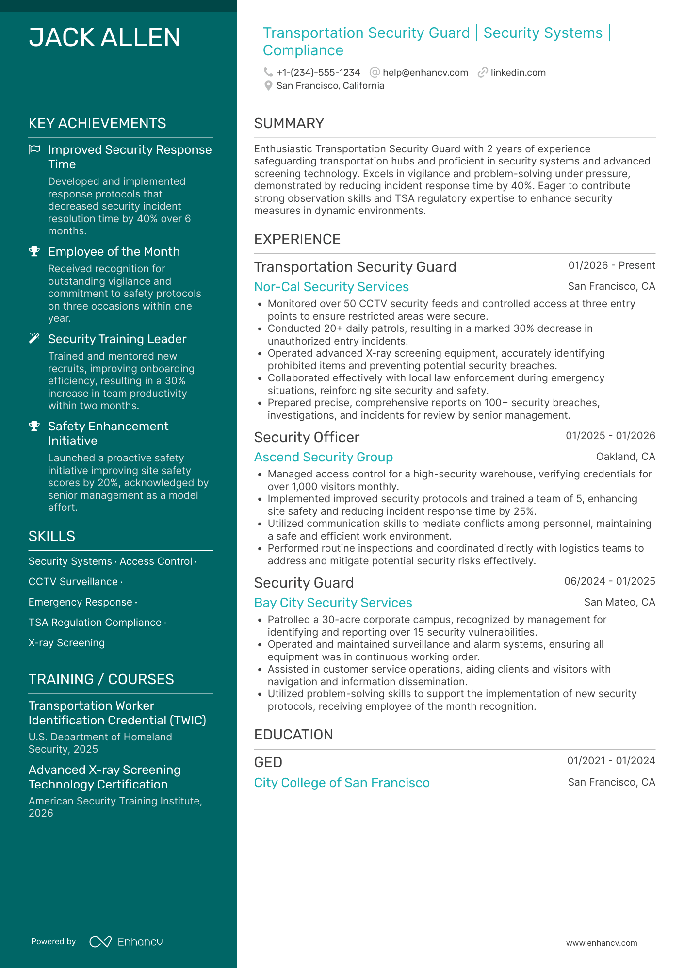 Transportation Security Guard Resume Example