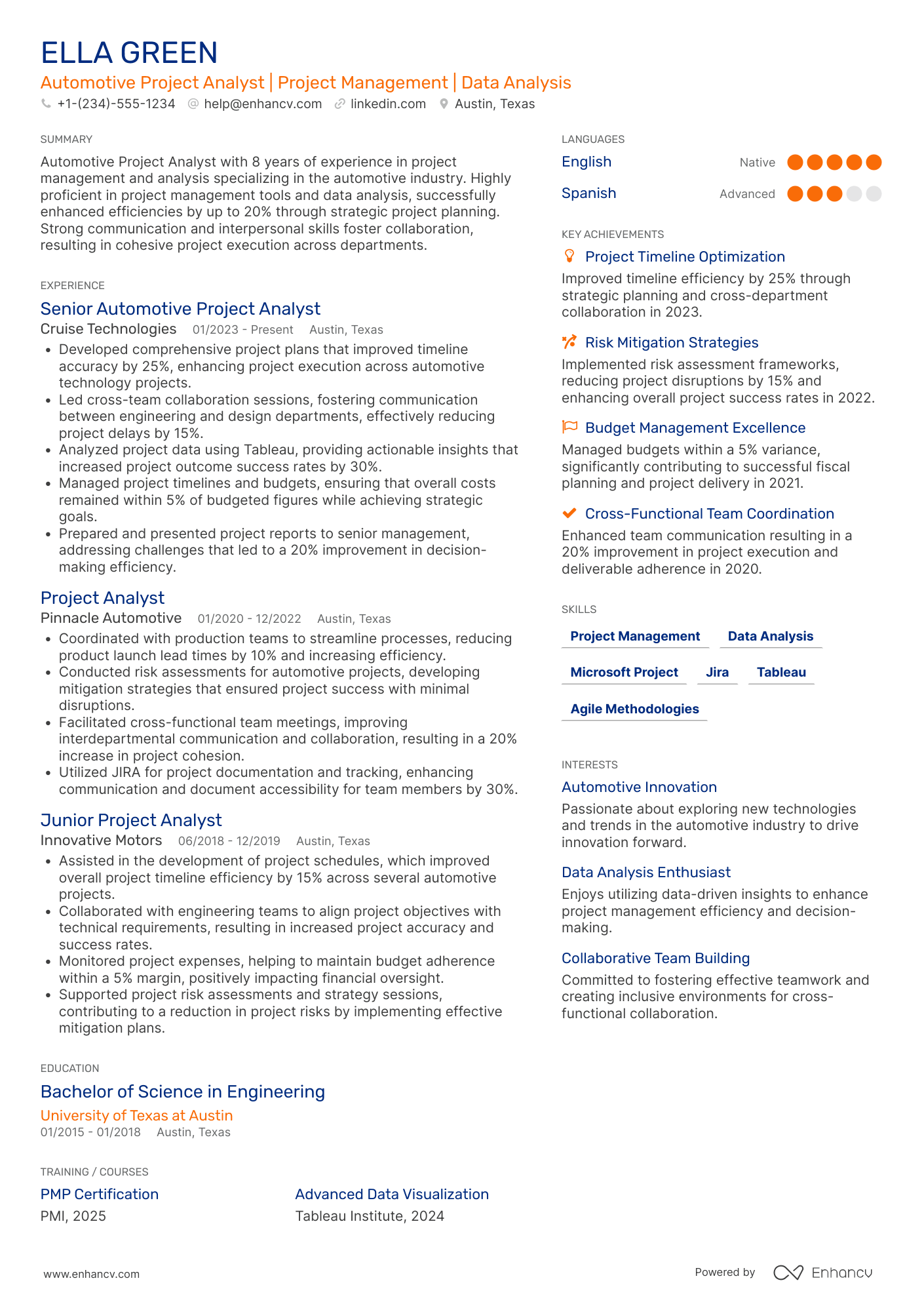 Automotive Project Analyst Resume Example