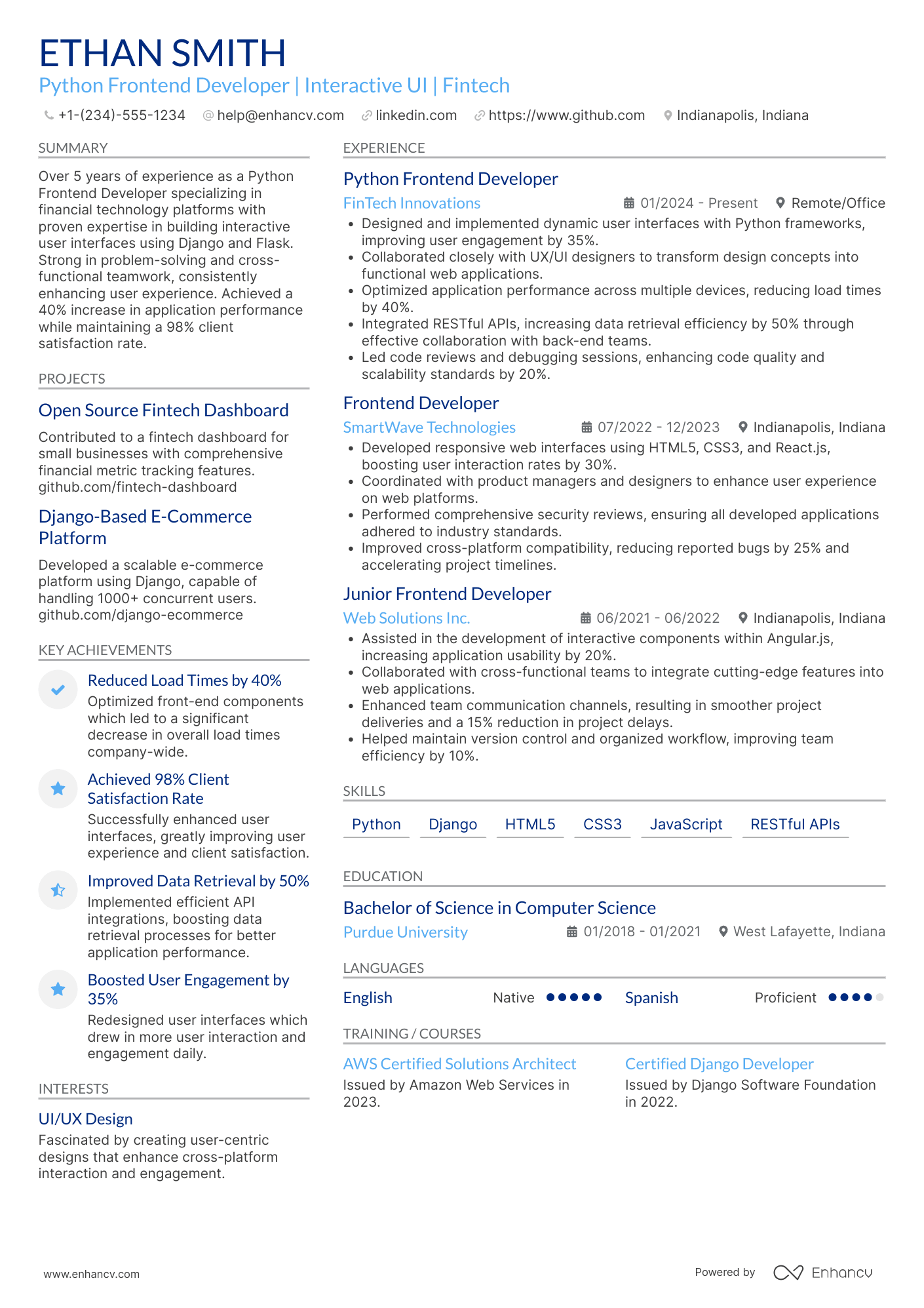 Python Frontend Developer Resume Example
