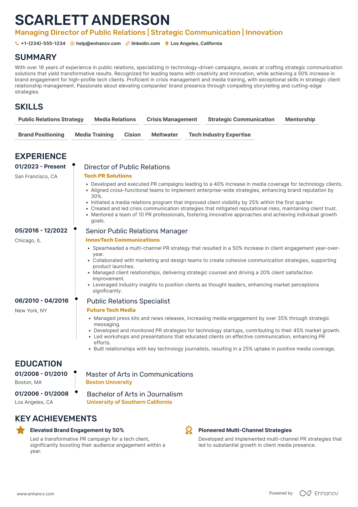 Managing Director of Public Relations Resume Example