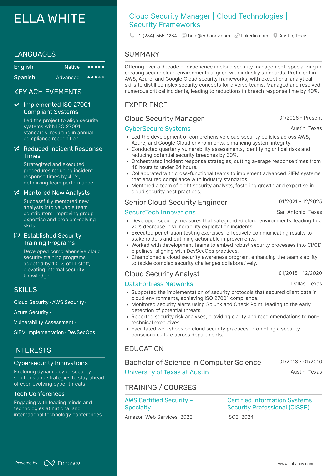 Cloud Security Manager Resume Example