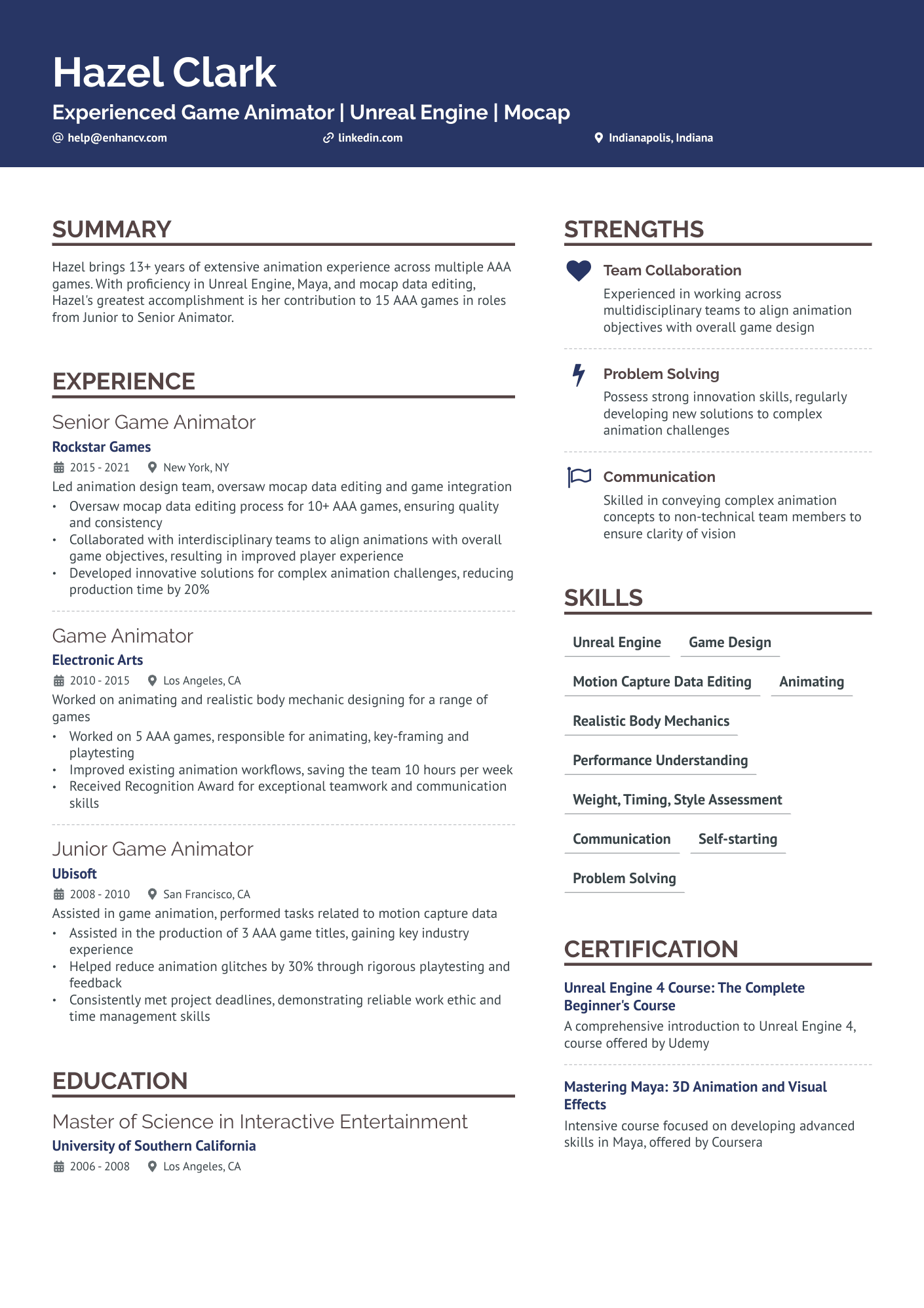 Game Artist Animator Resume Example