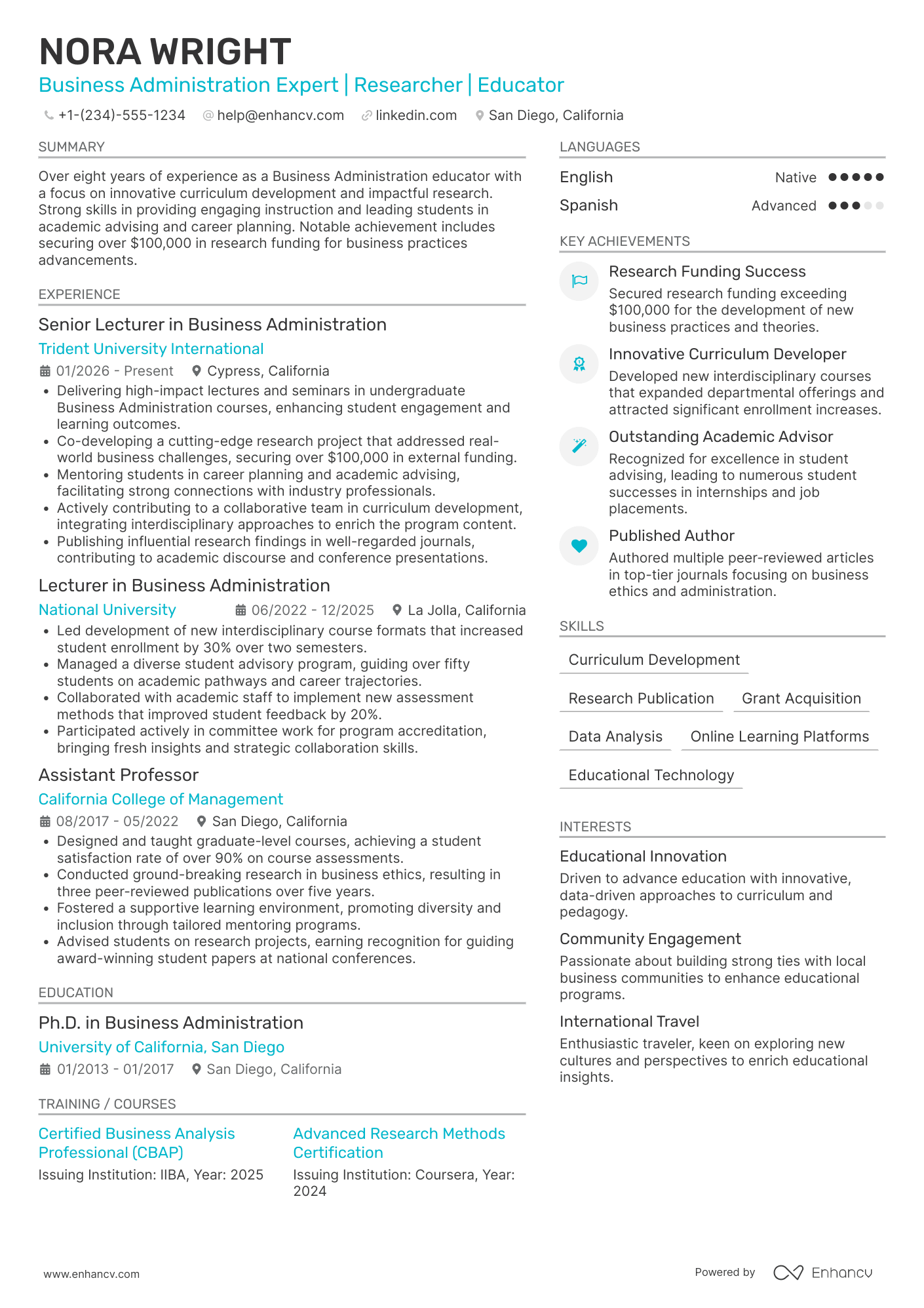 Associate Professor of Business Administration Resume Example