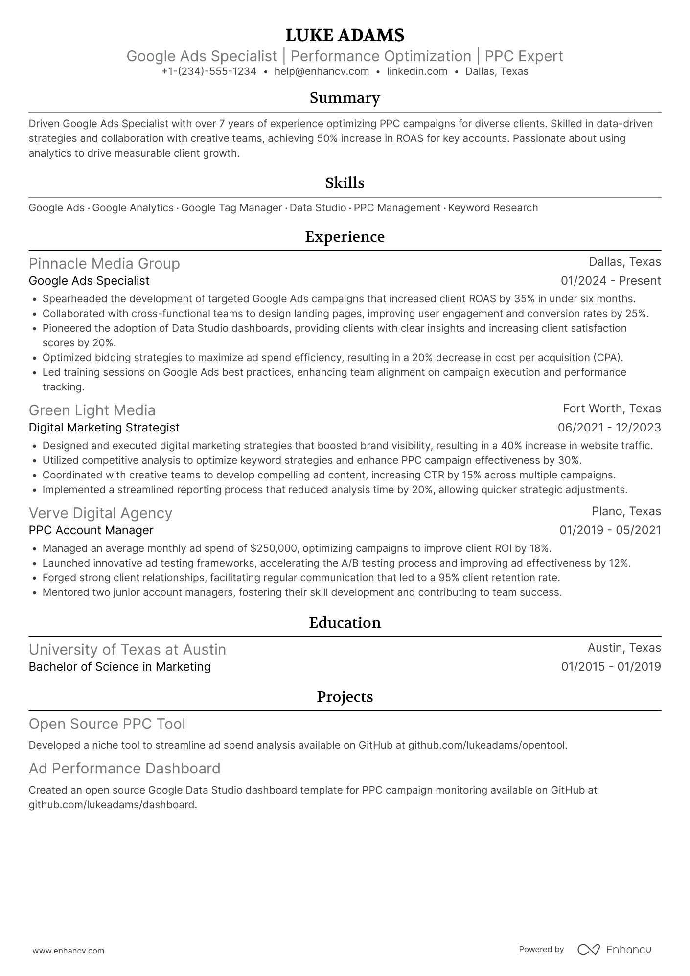 Google Ads Specialist Resume Example