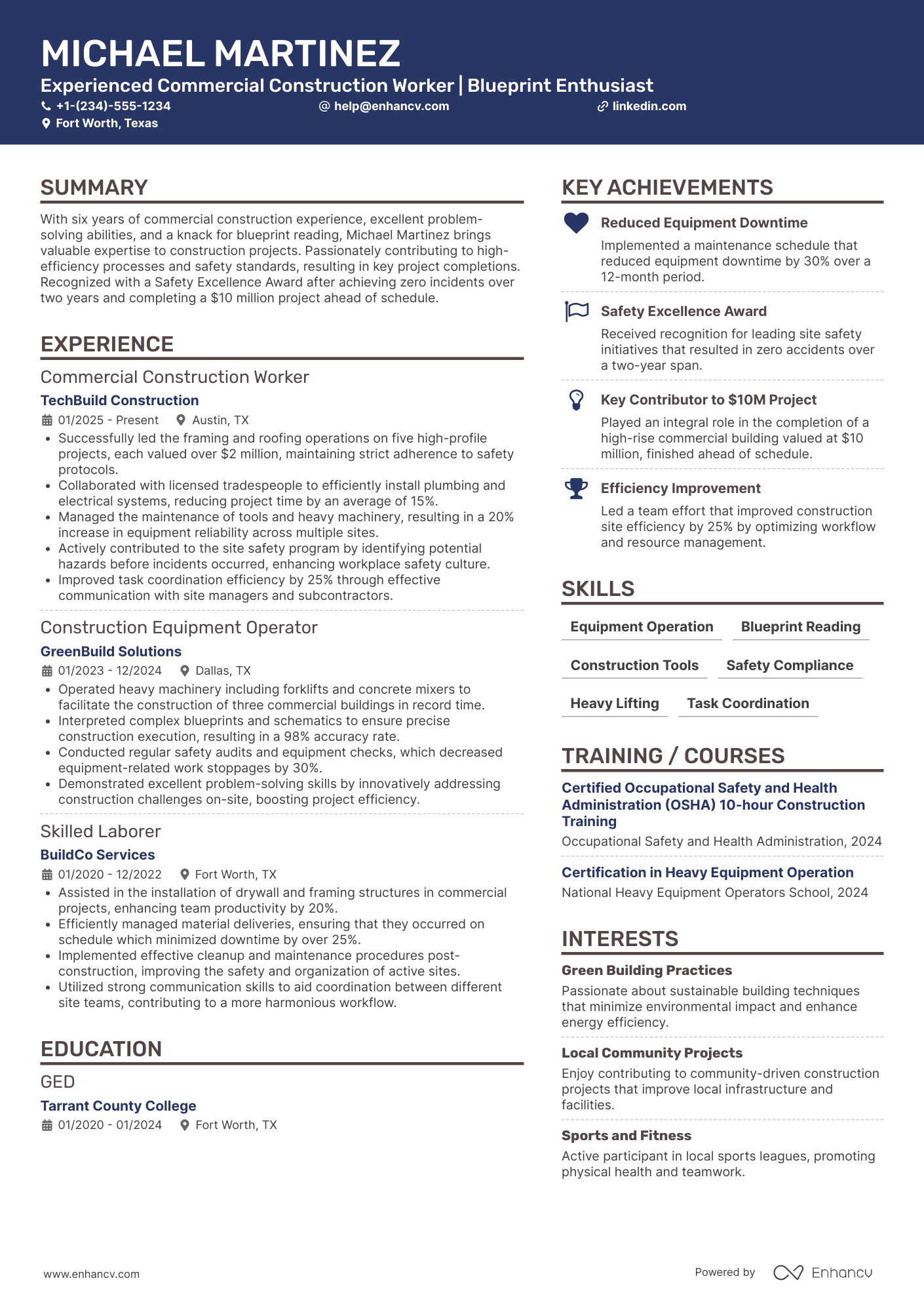 Commercial Construction Worker Resume Example