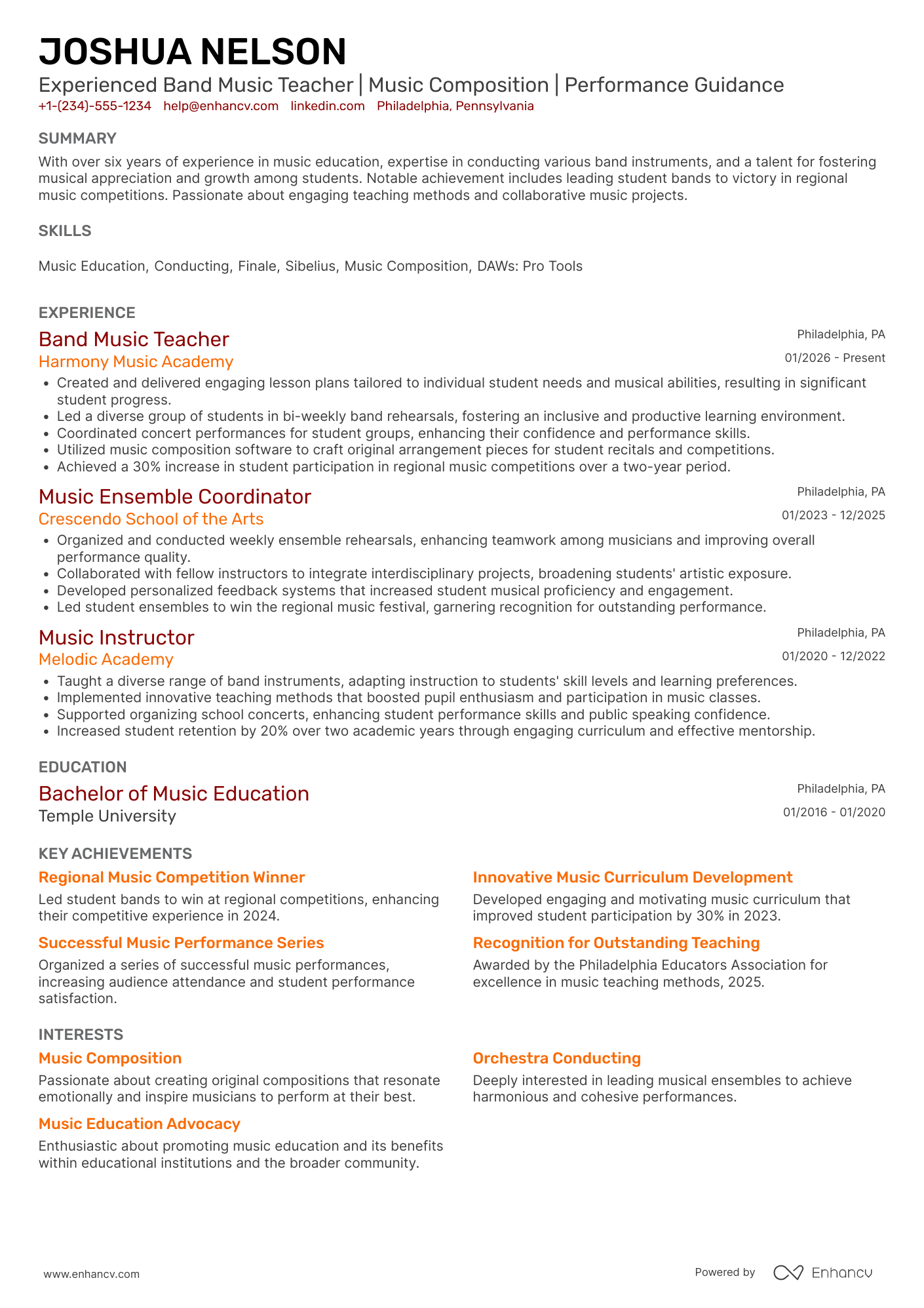 Band Music Teacher Resume Example
