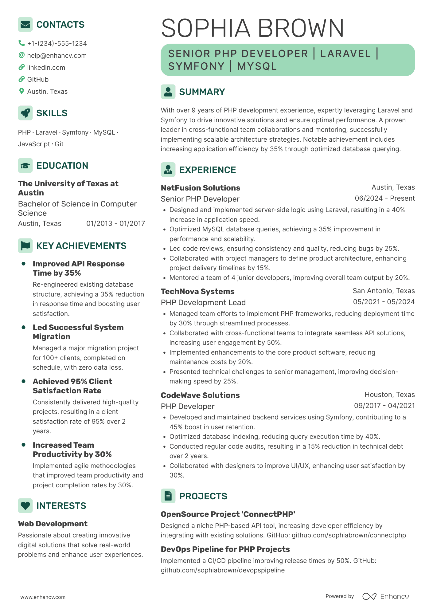 Senior PhP Developer Resume Example