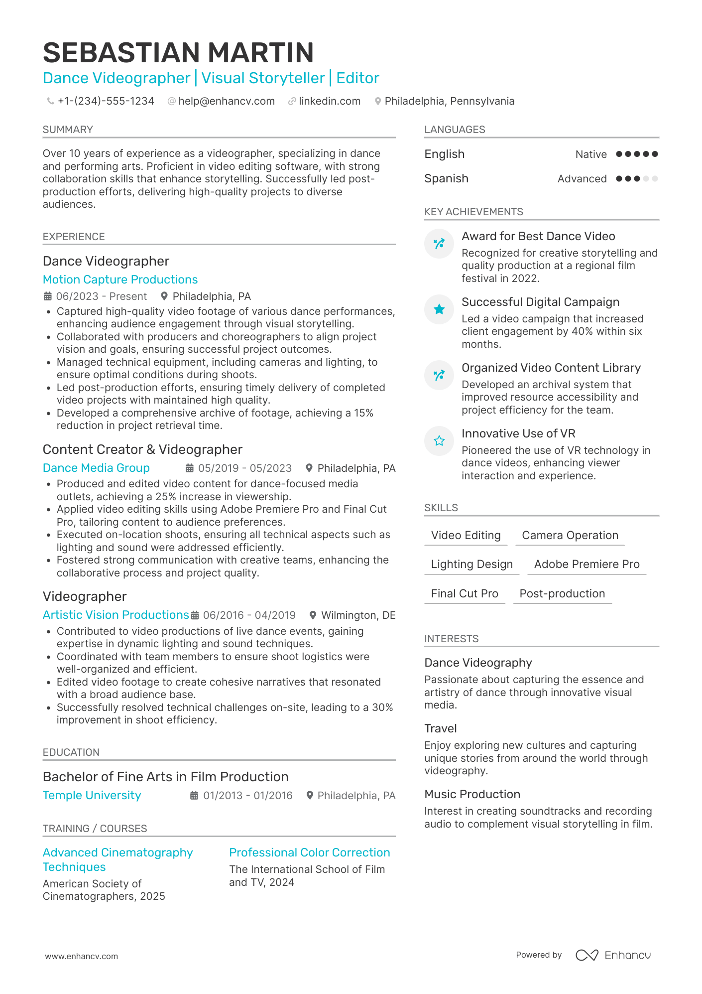 Dance Videographer Resume Example