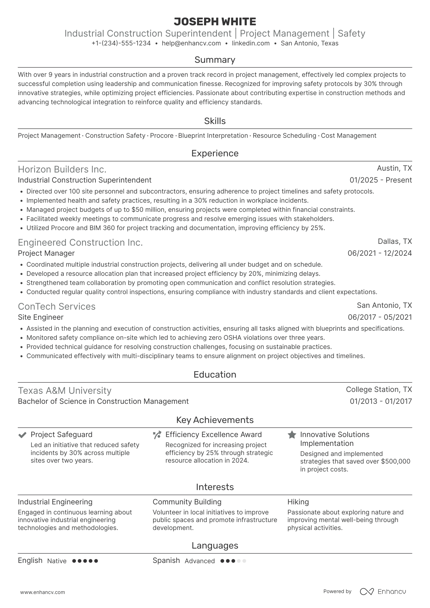 Industrial Construction Superintendent Resume Example