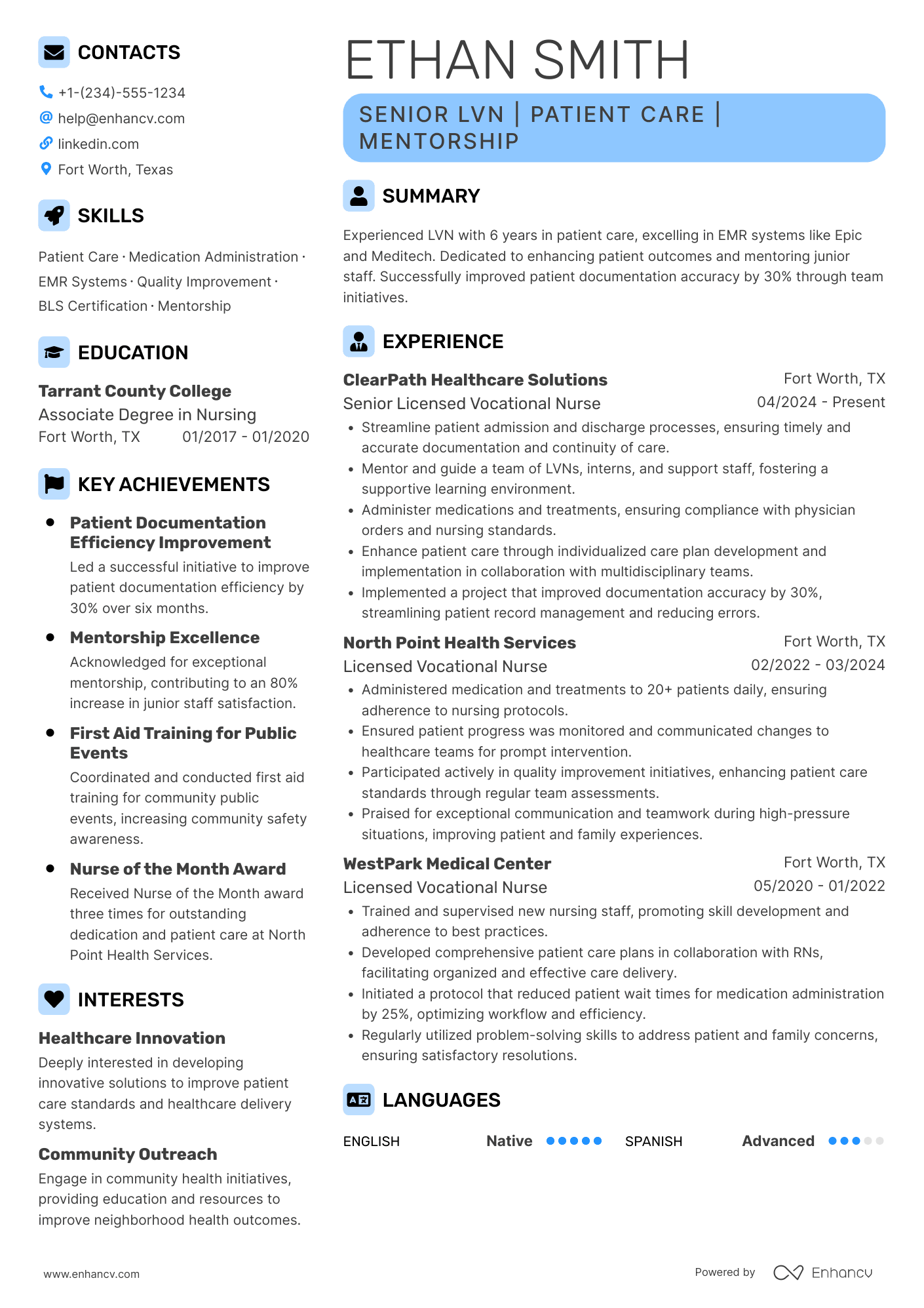 Senior LVN Resume Example