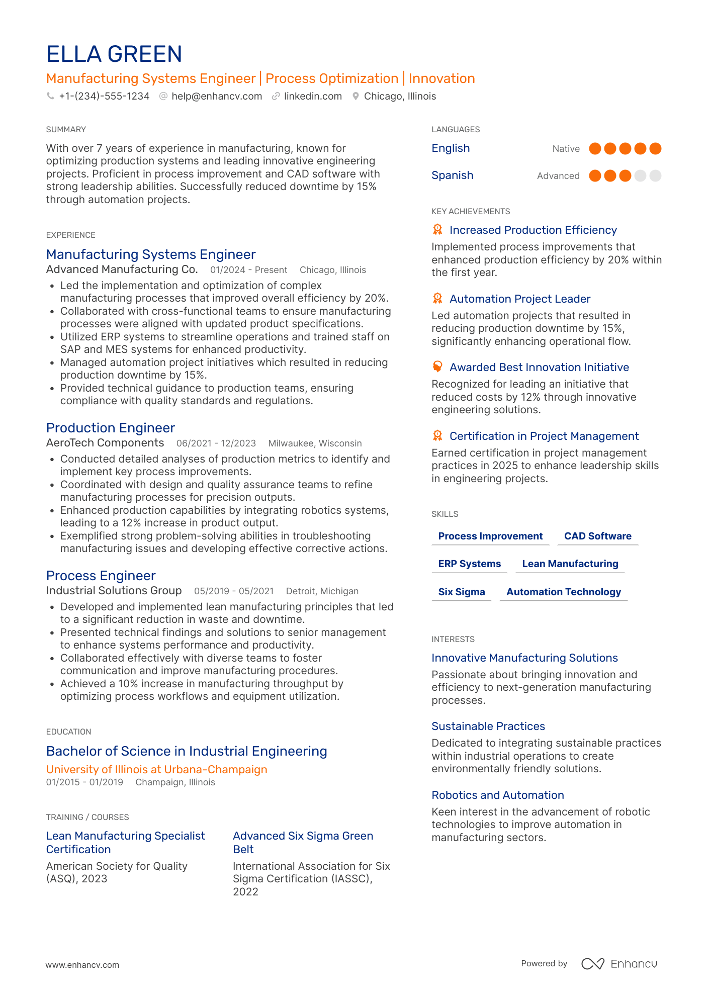 Manufacturing Systems Engineer Resume Example