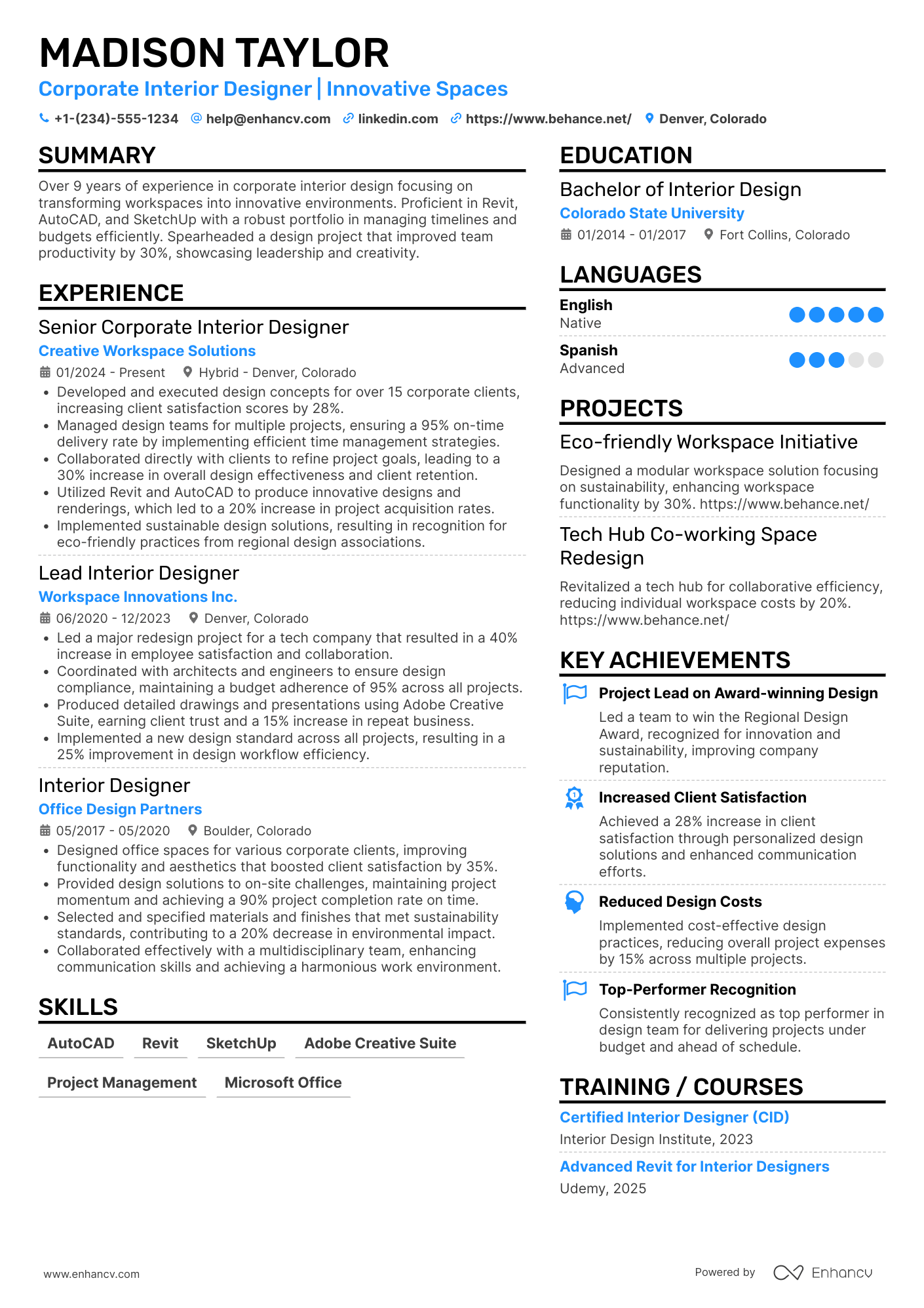 Corporate Interior Designer Resume Example