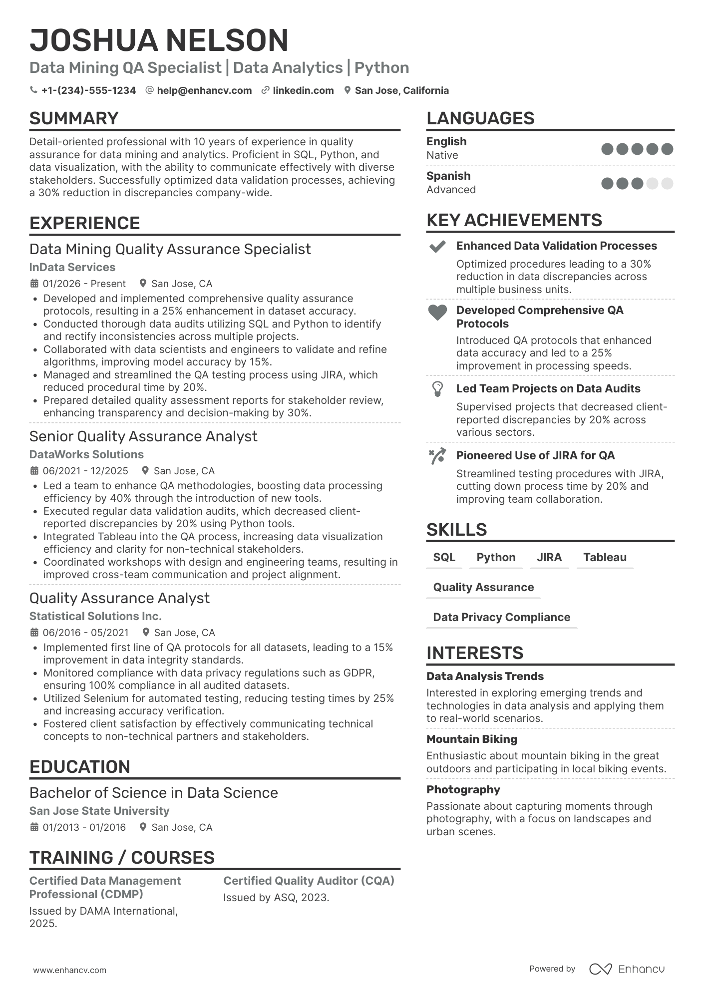 Data Mining Quality Assurance Specialist Resume Example