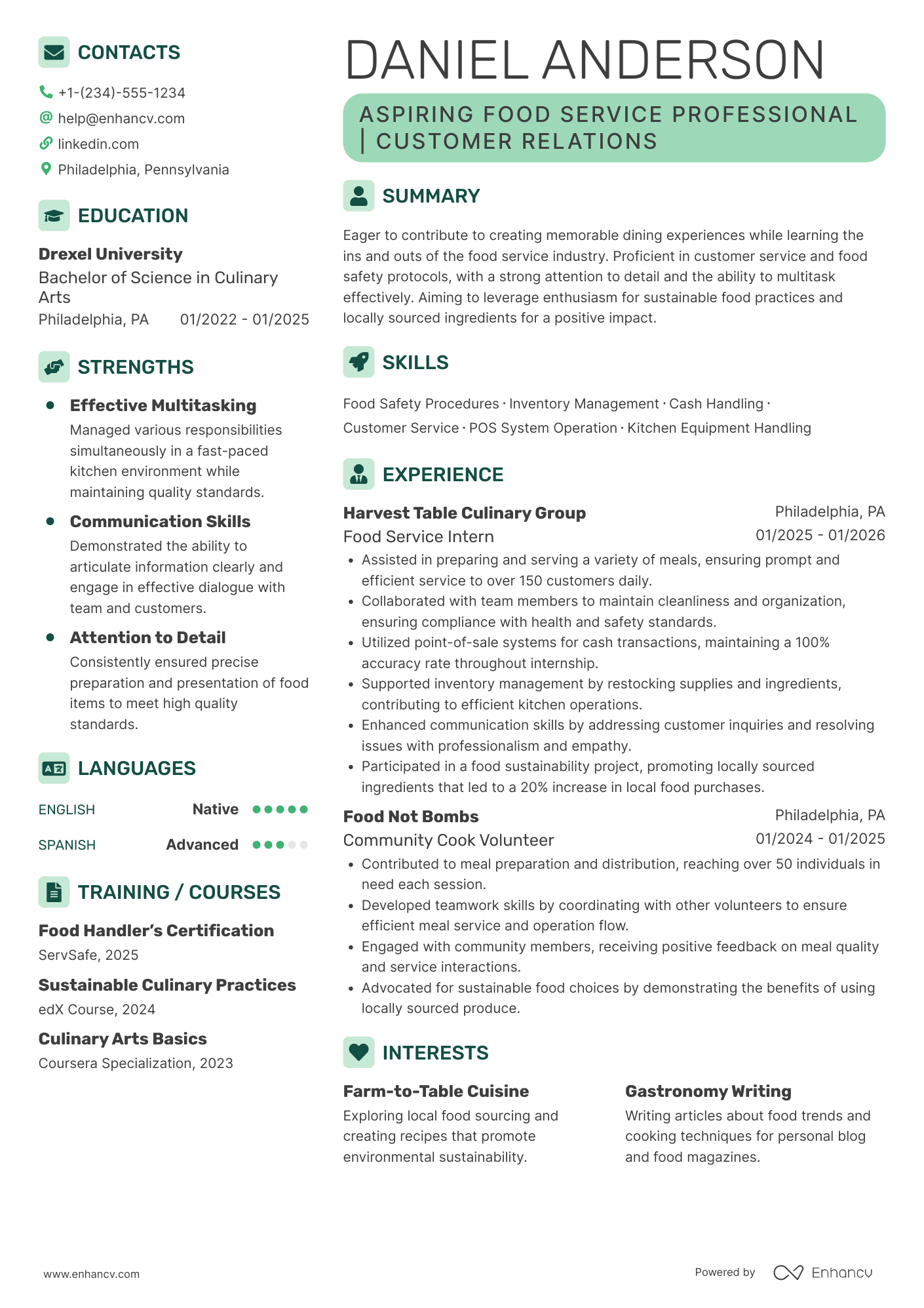 Entry Level Food Service Worker Resume Example