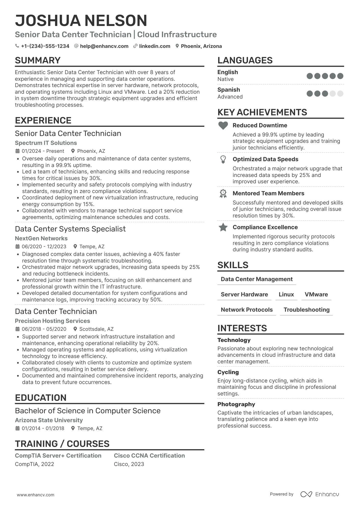 Senior Data Center Technician Resume Example