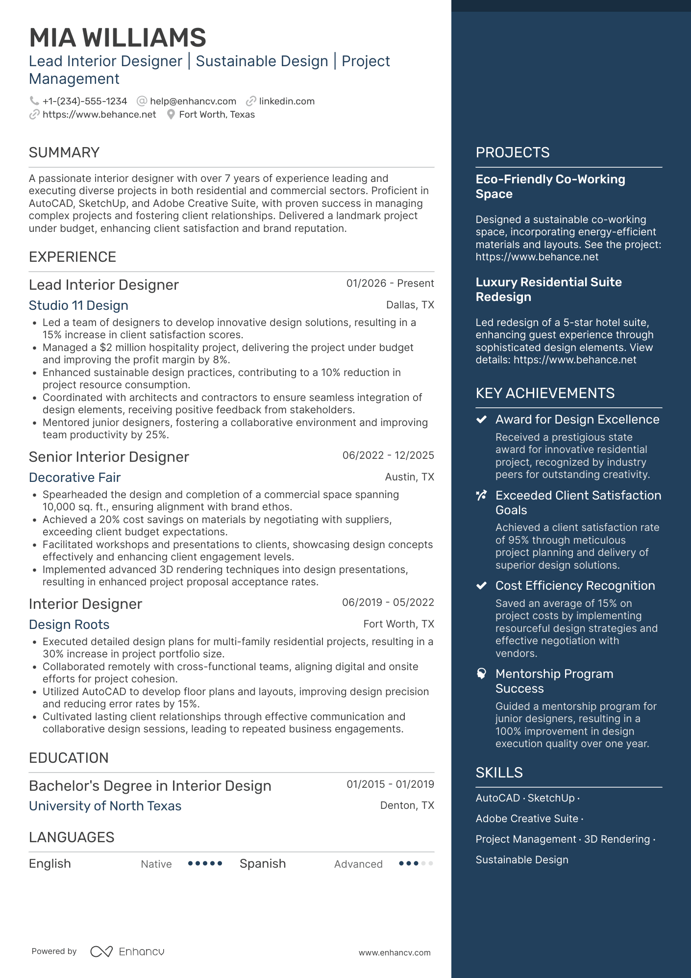 Lead Interior Designer Resume Example