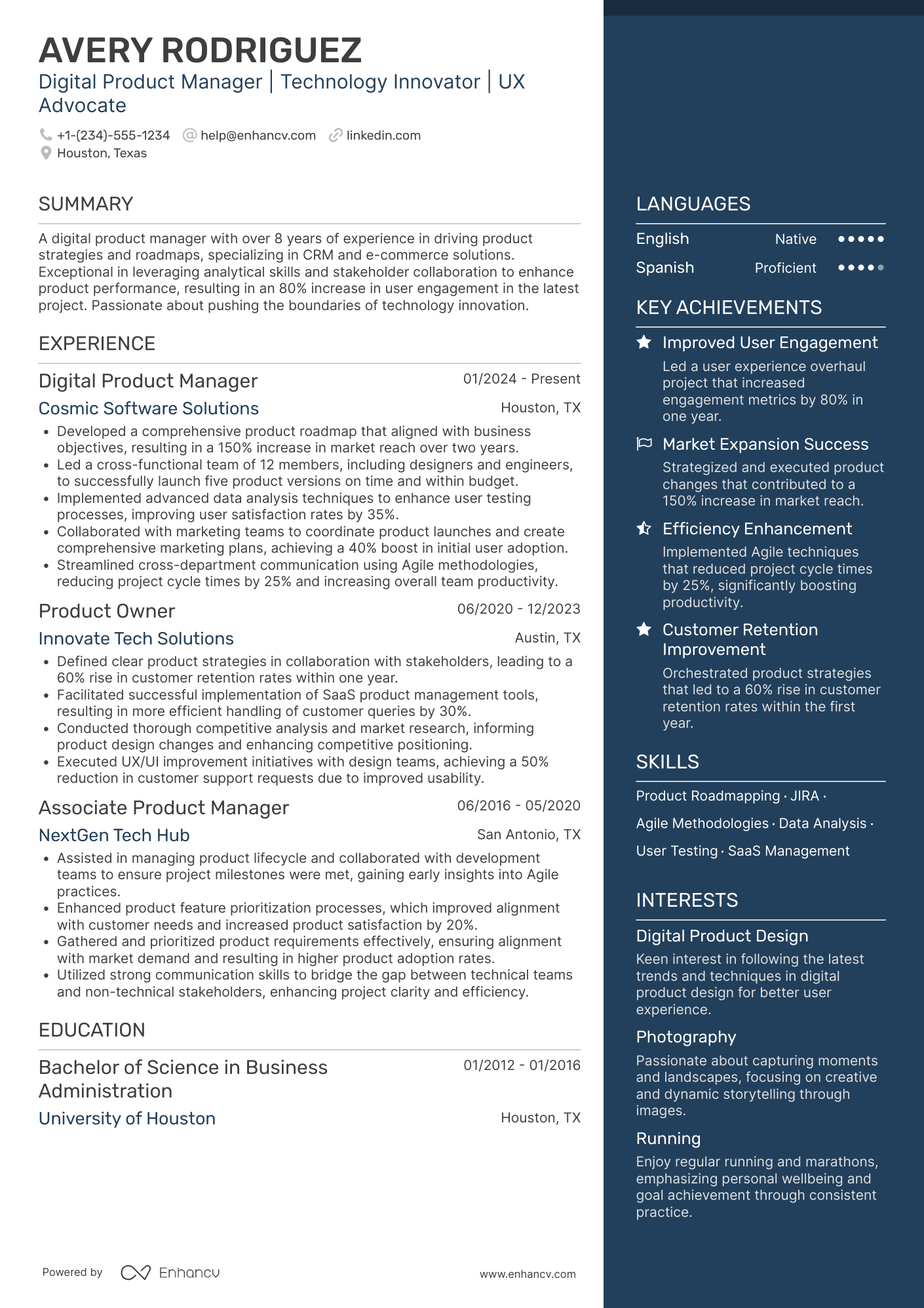 Digital Product Manager Resume Example