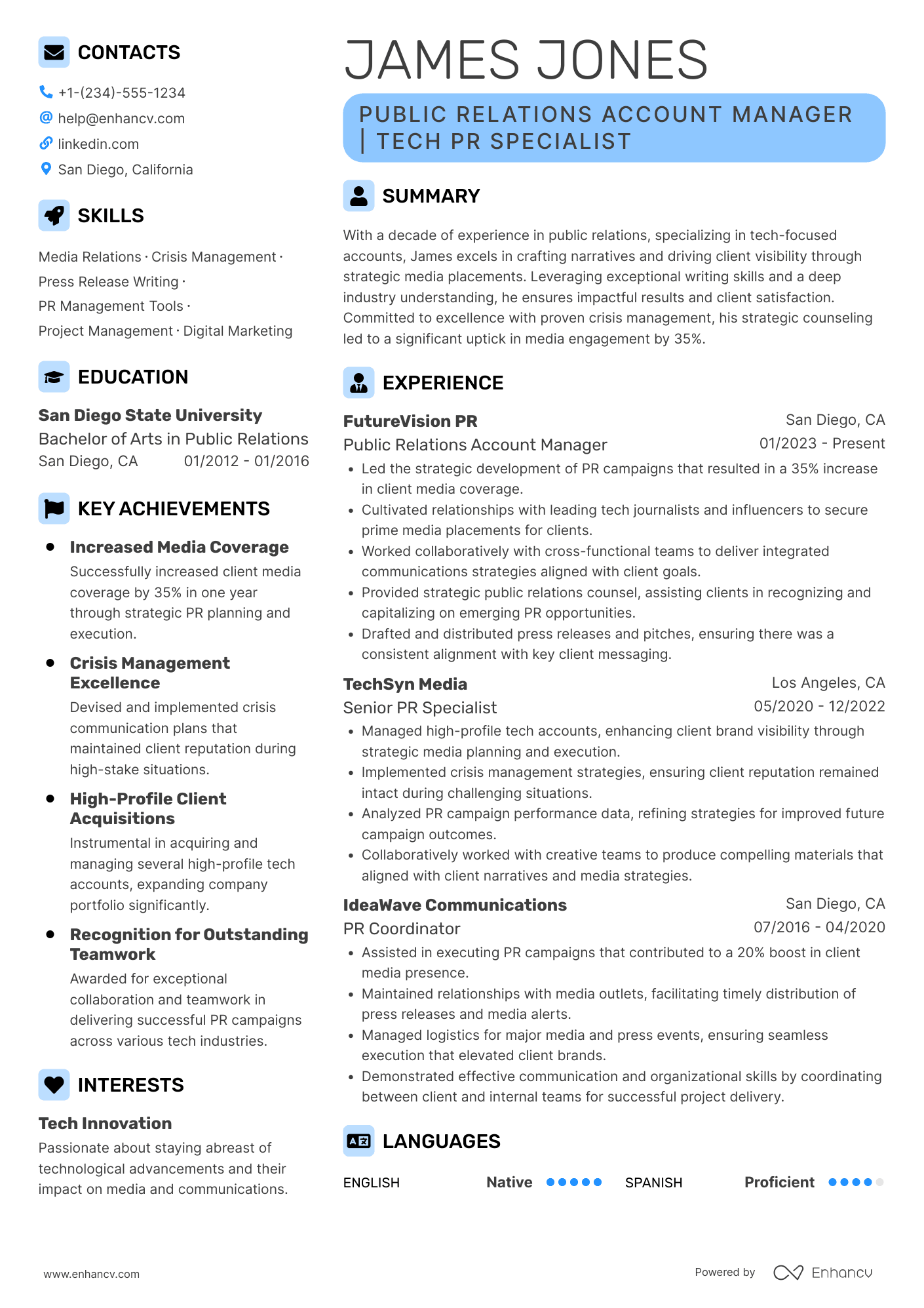 Public Relations Account Manager Resume Example