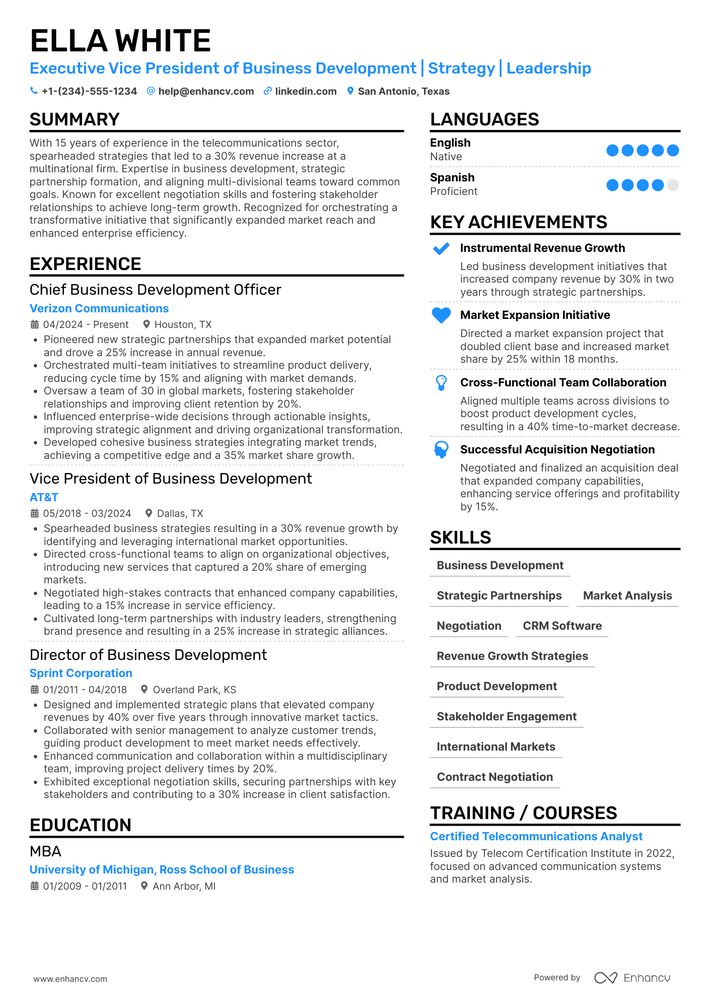 Executive Vice President of Business Development Resume Example