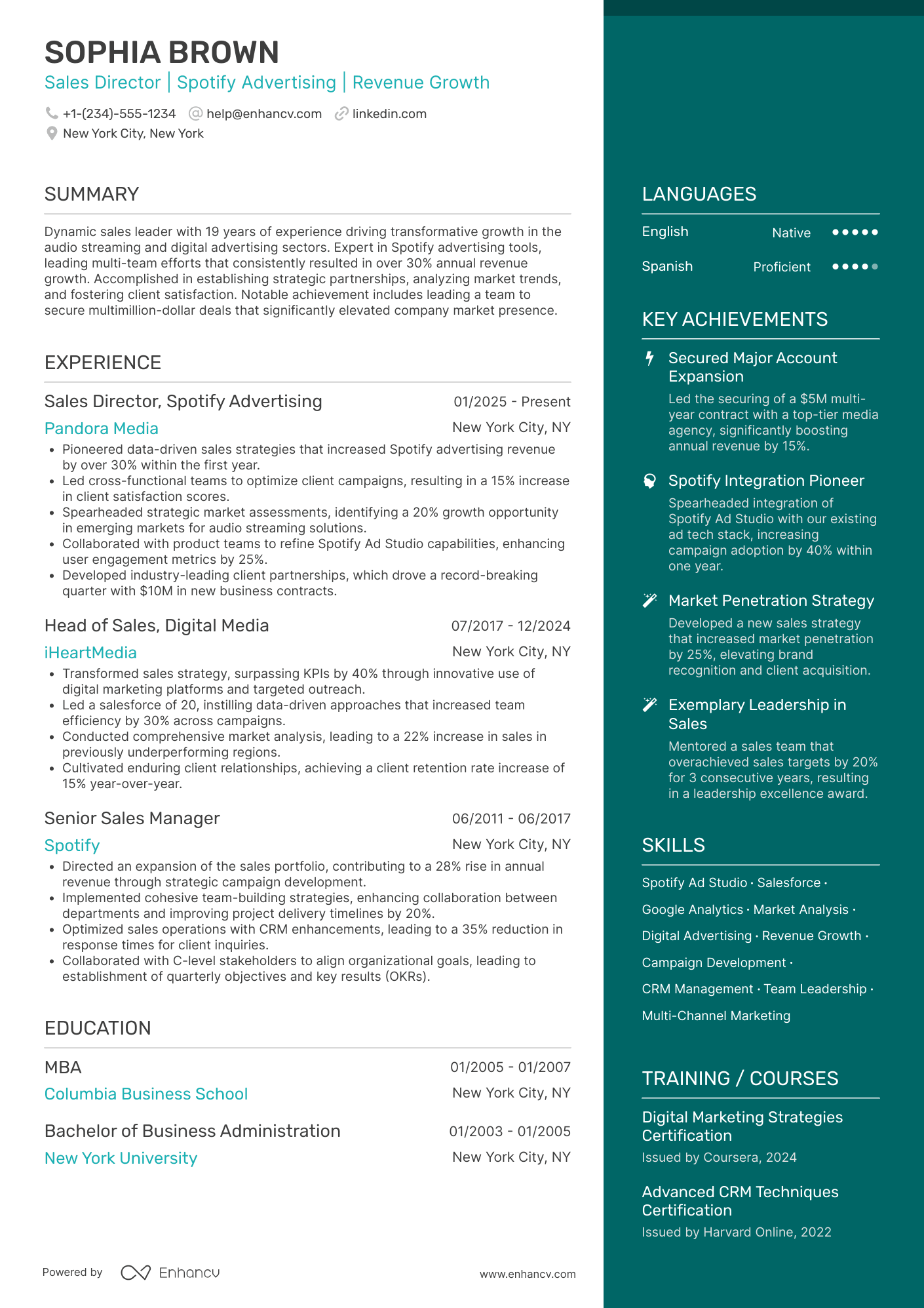 Spotify Sales Director Resume Example