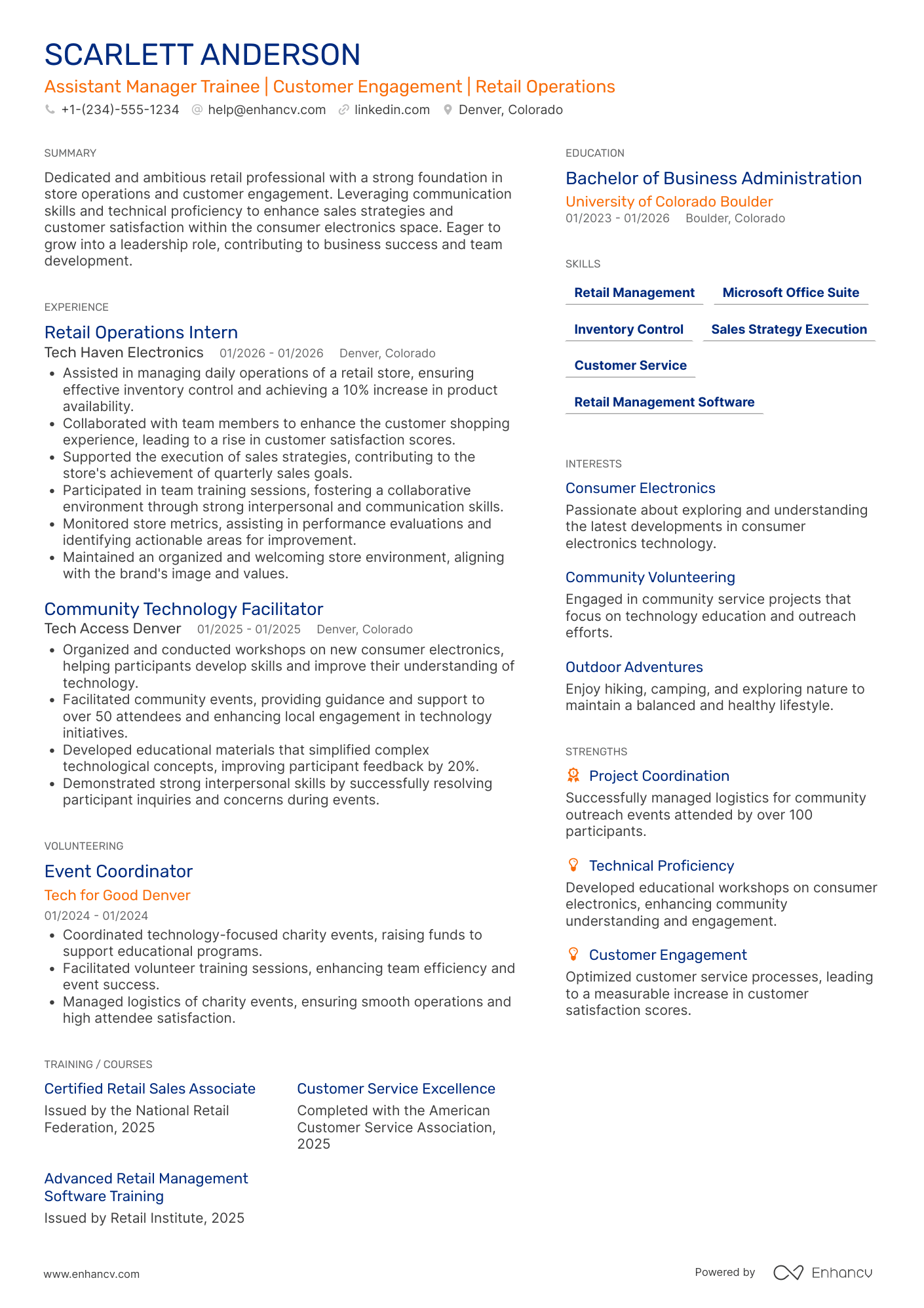 Assistant Manager Trainee Resume Example
