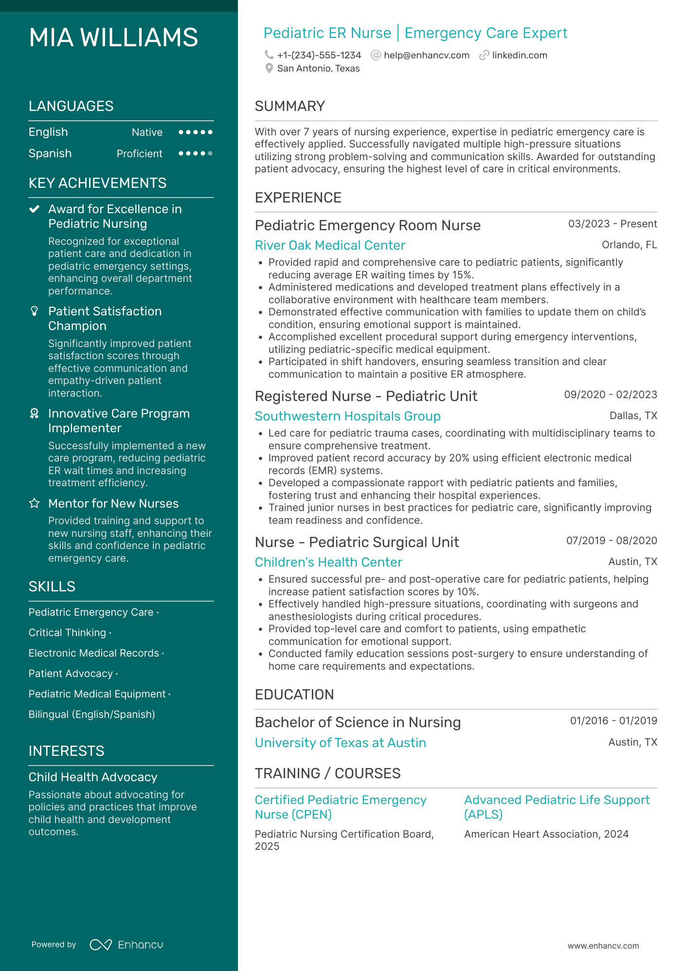 Pediatric Emergency Room Nurse (Pediatric ER Nurse) Resume Example