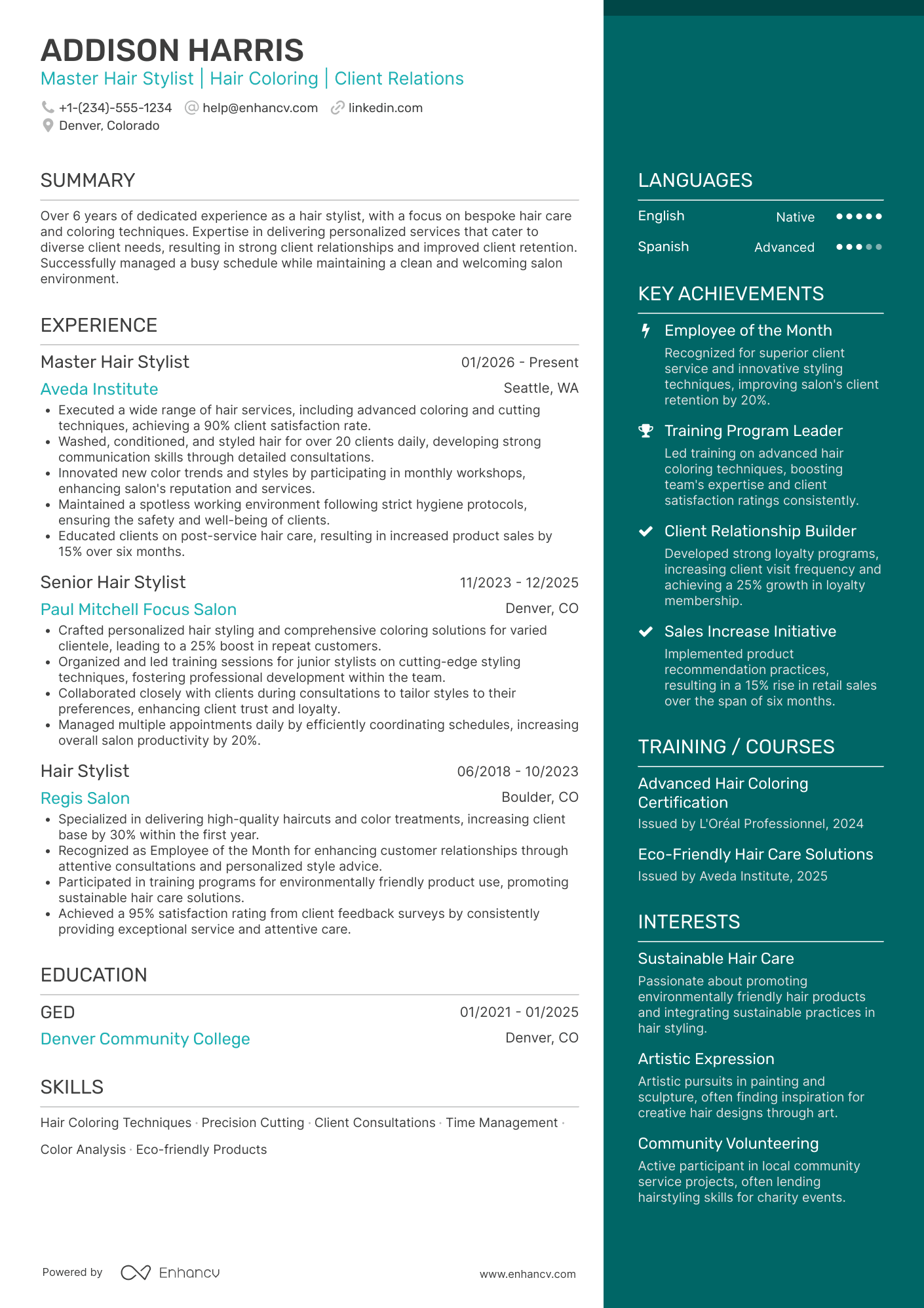 Master Hair Stylist Resume Example