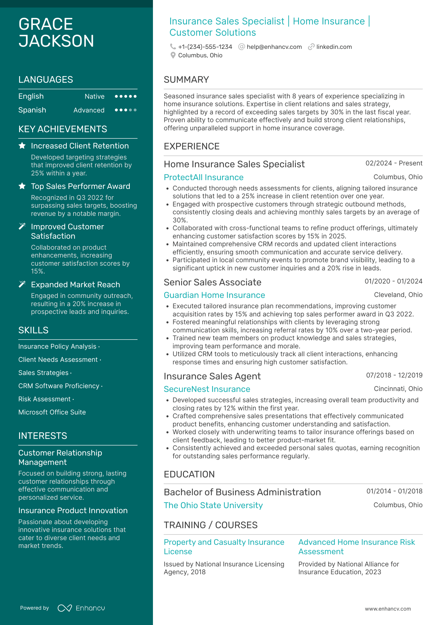 Home Insurance Sales Specialist Resume Example