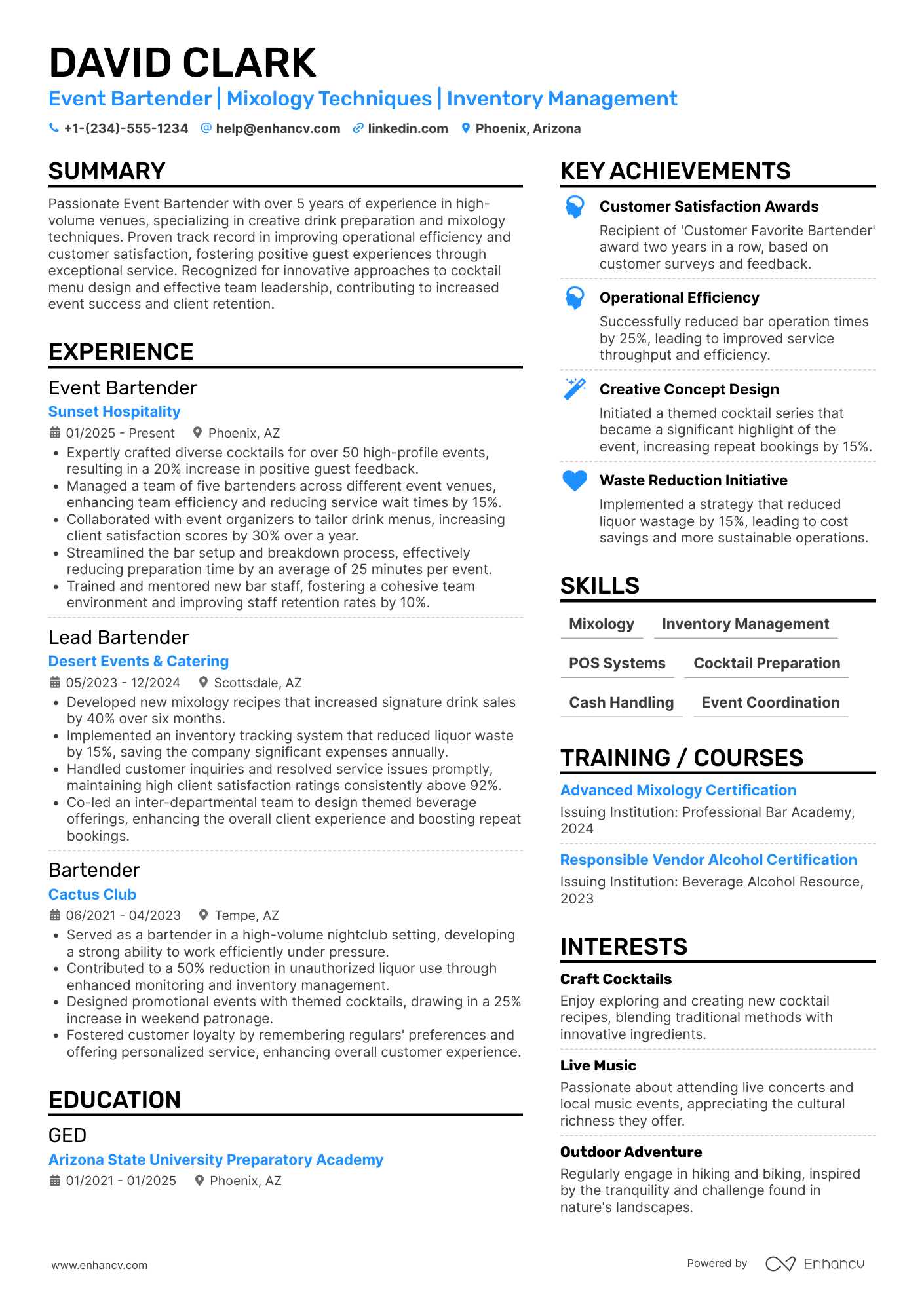 Event Bartender Resume Example