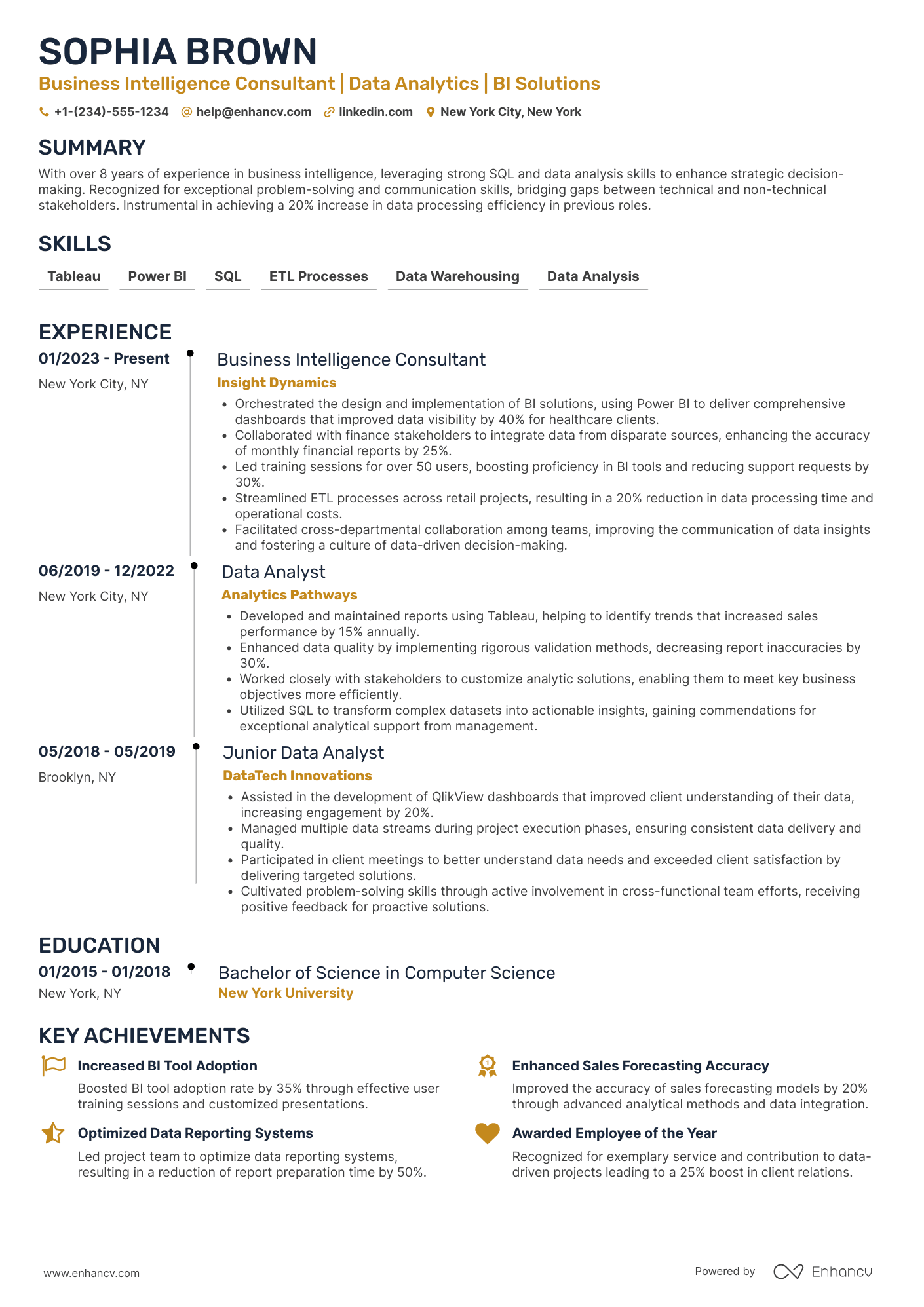 Business Intelligence Consultant Resume Example