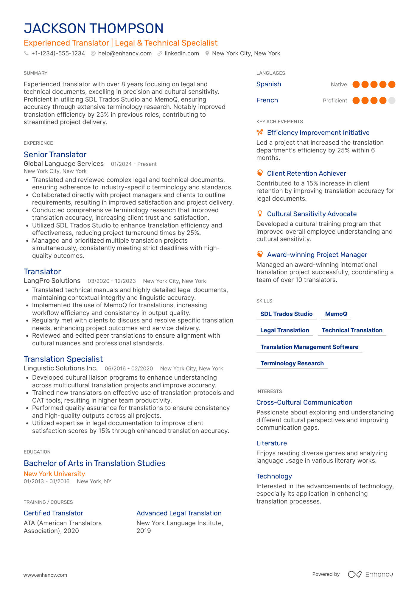 Experienced Translator Resume Example