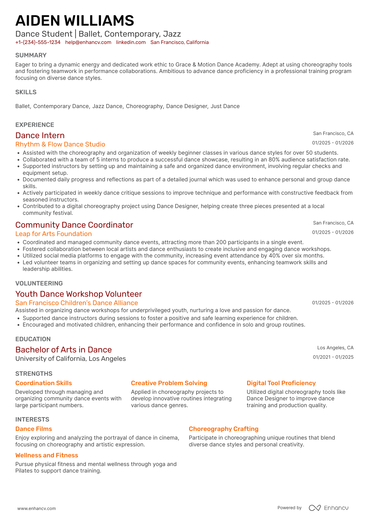 Dance Student Resume Example