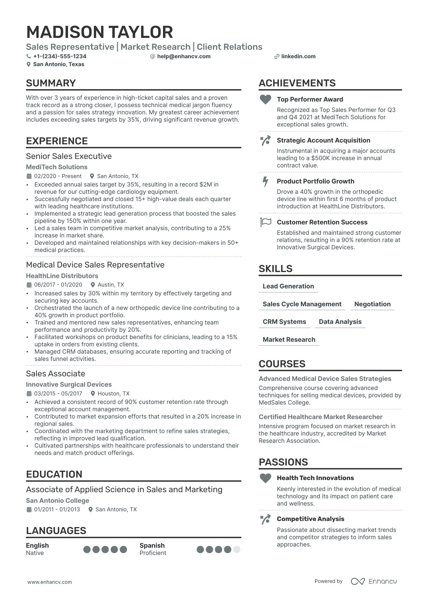 Medical Device Sales Representative Resume Example