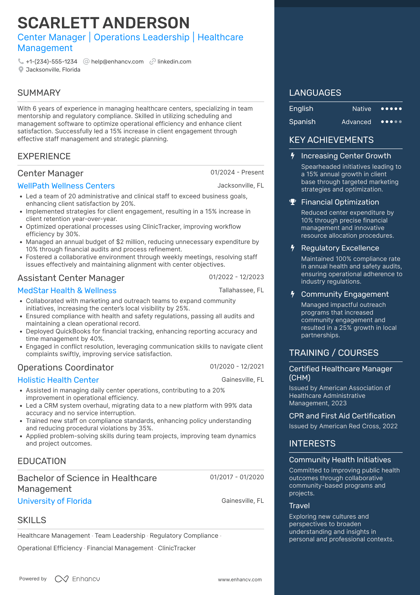 Center Manager Resume Example