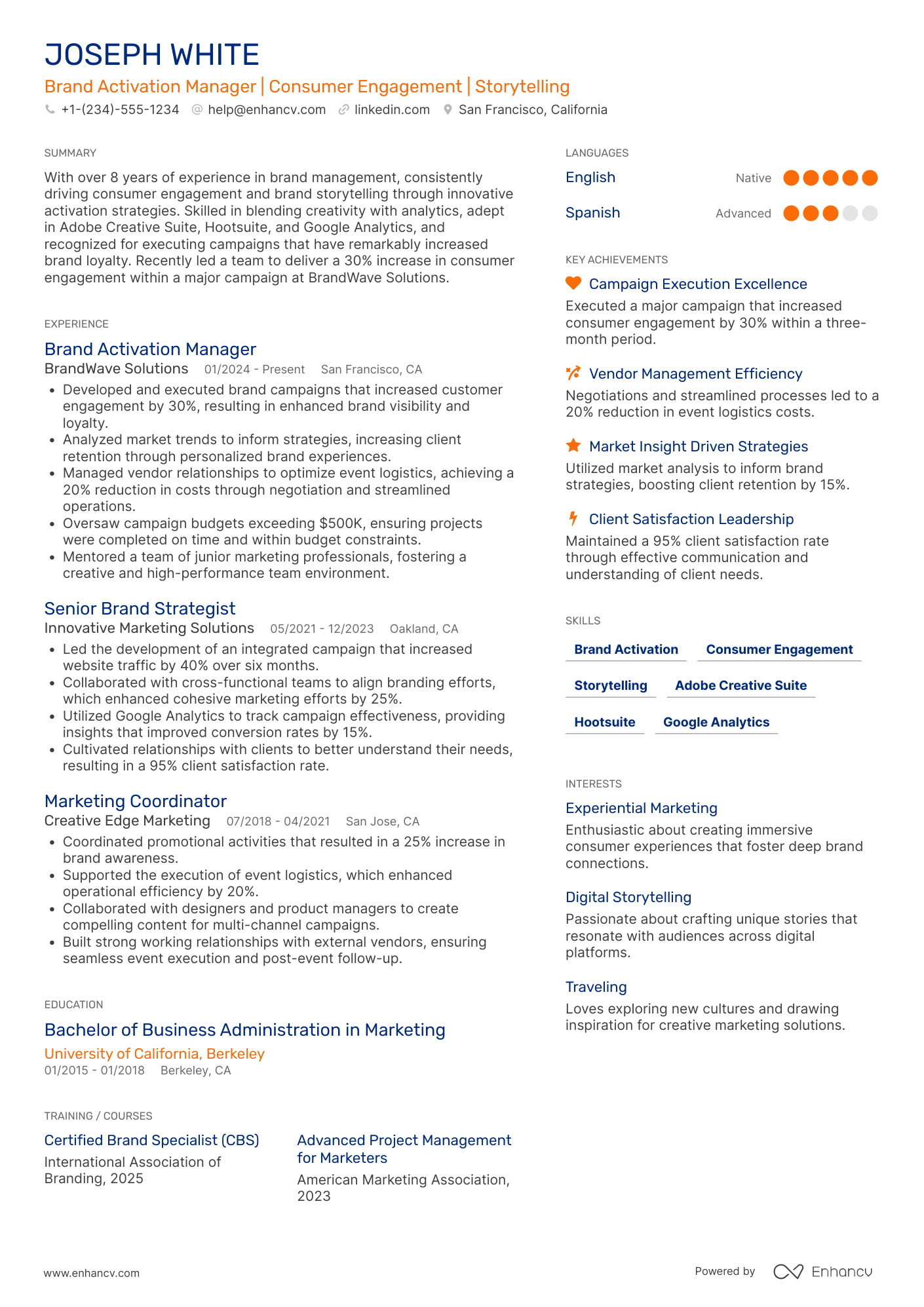 Brand Activation Manager Resume Example