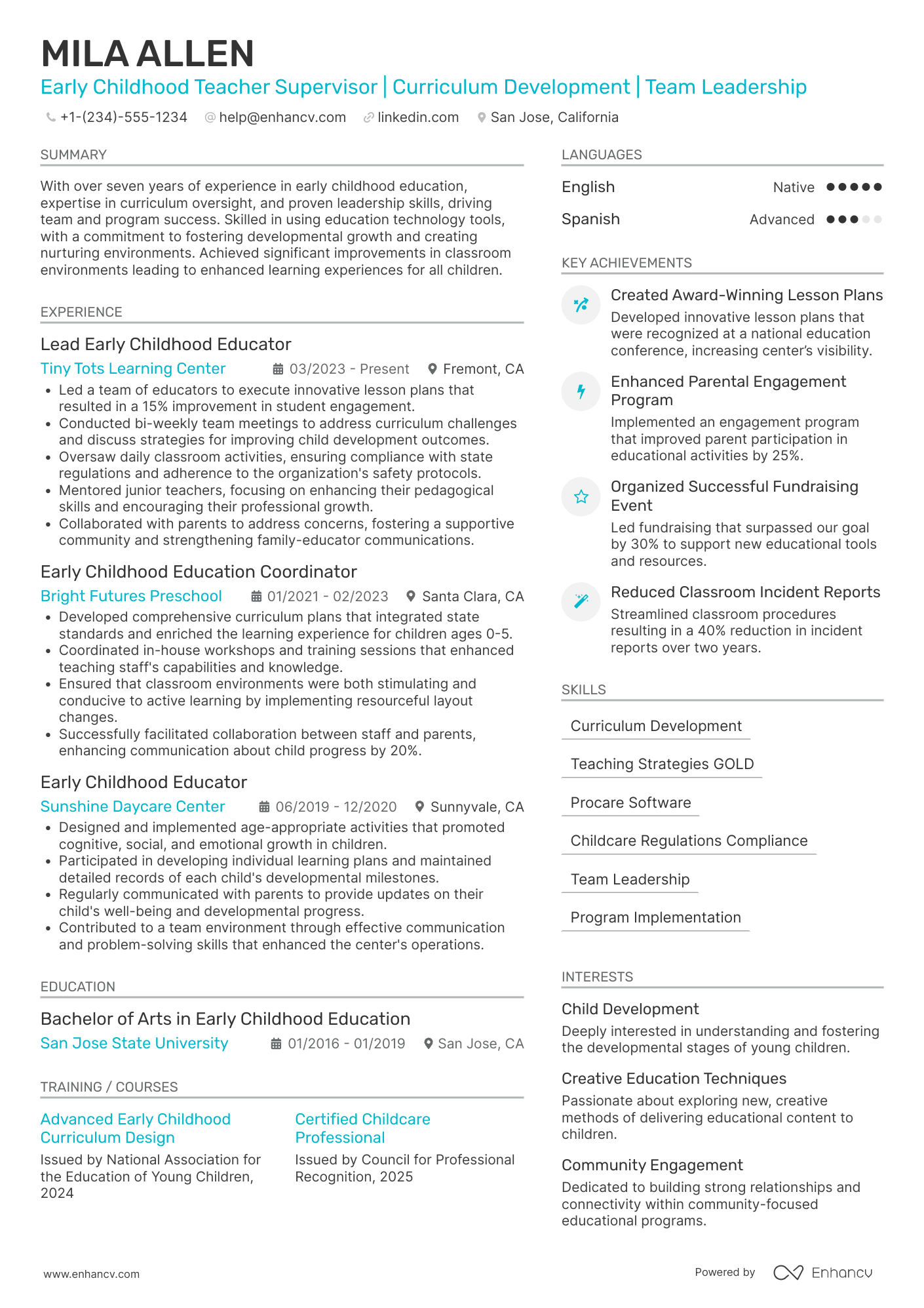 Early Childhood Teacher Supervisor Resume Example