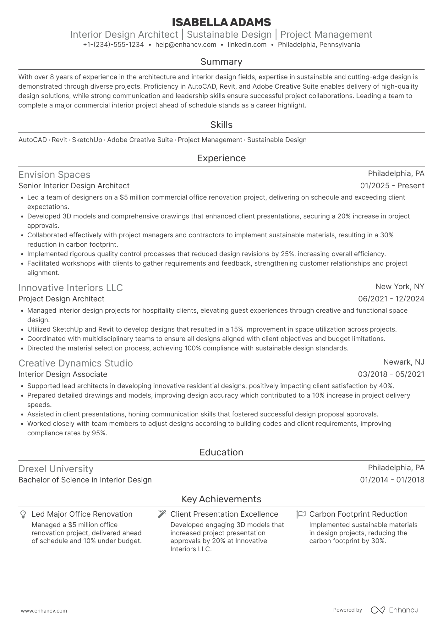 Interior Design Architect Resume Example