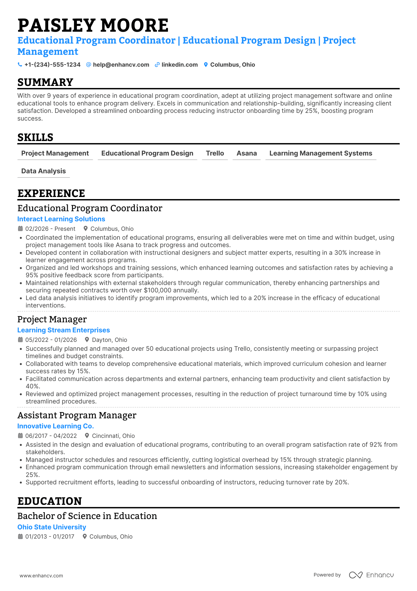 Educational Program Coordinator Resume Example