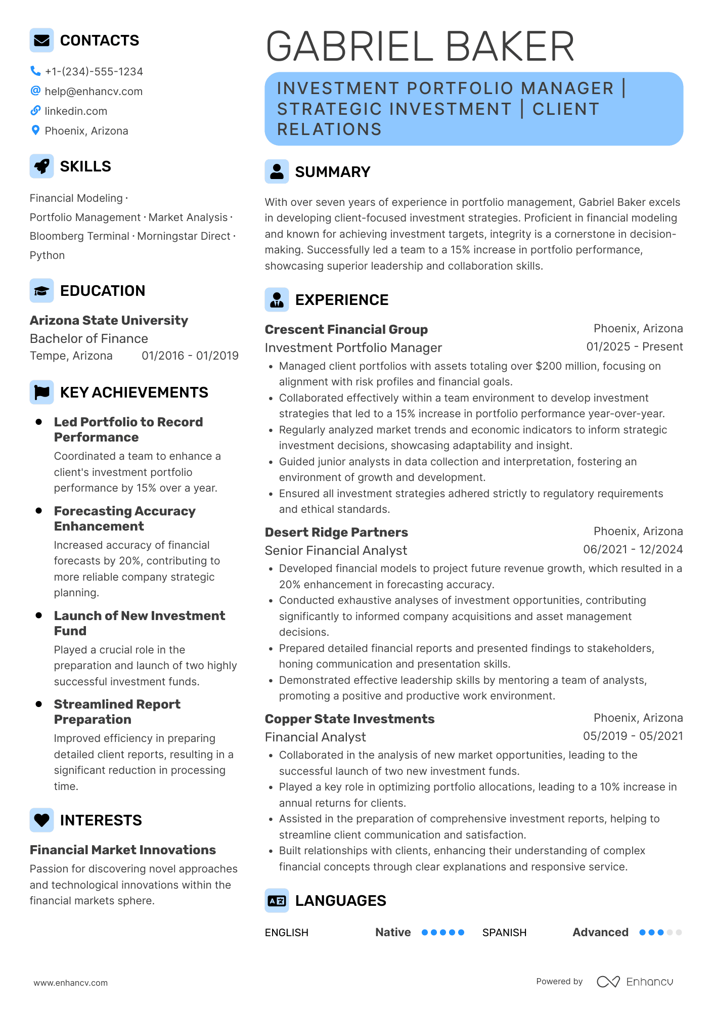 Investment Portfolio Manager Resume Example