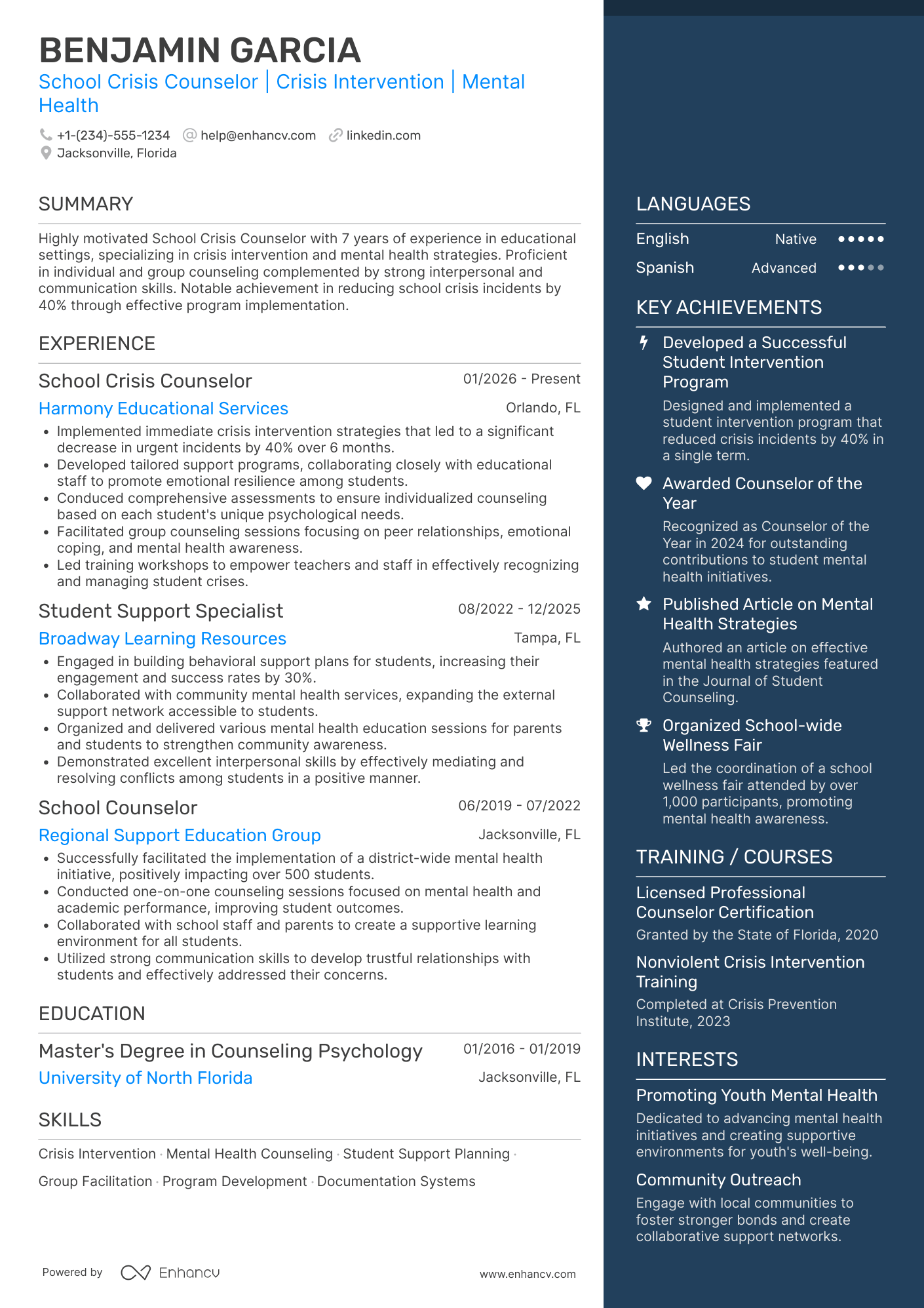 School Crisis Counselor Resume Example