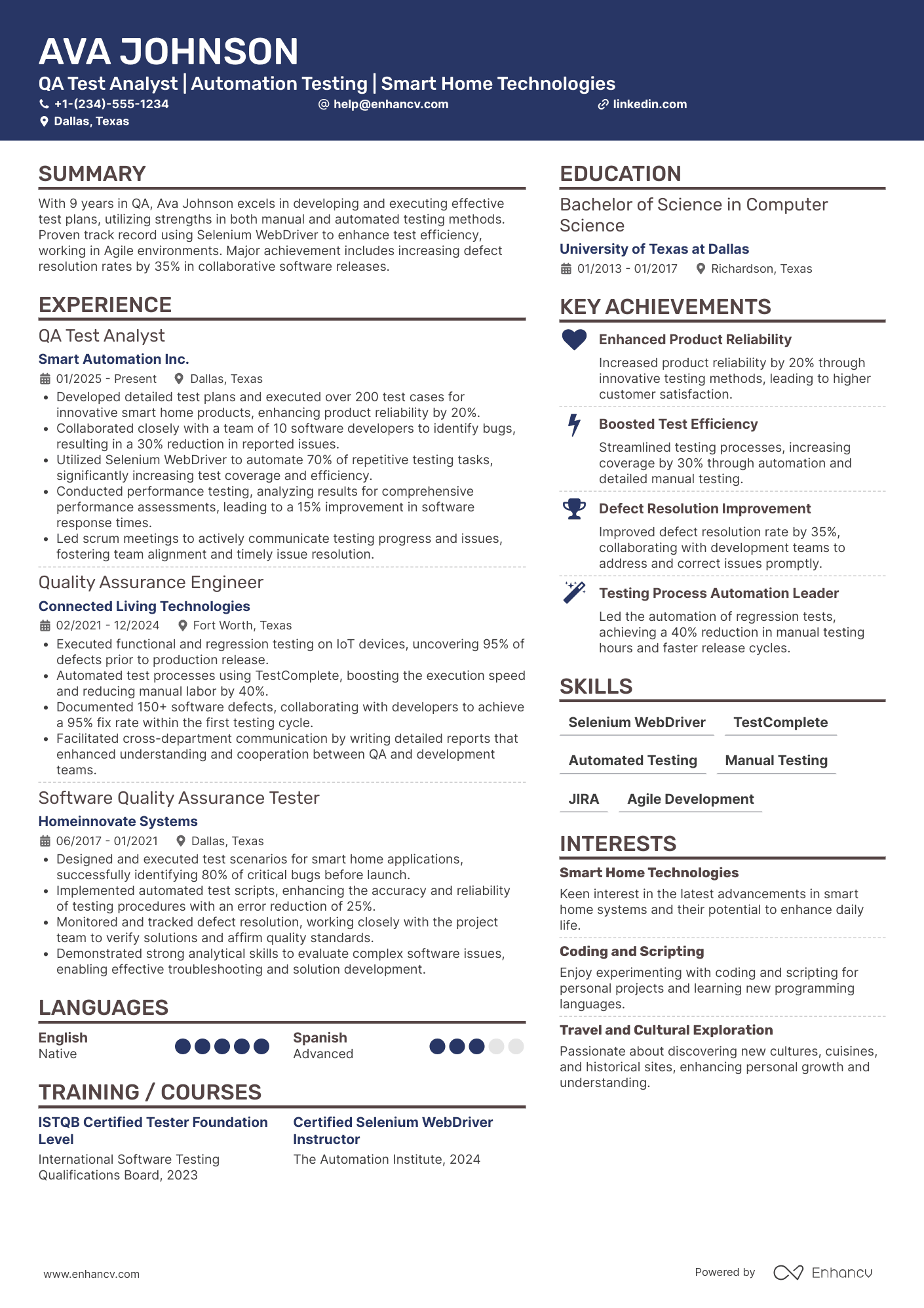 QA Test Analyst Resume Example