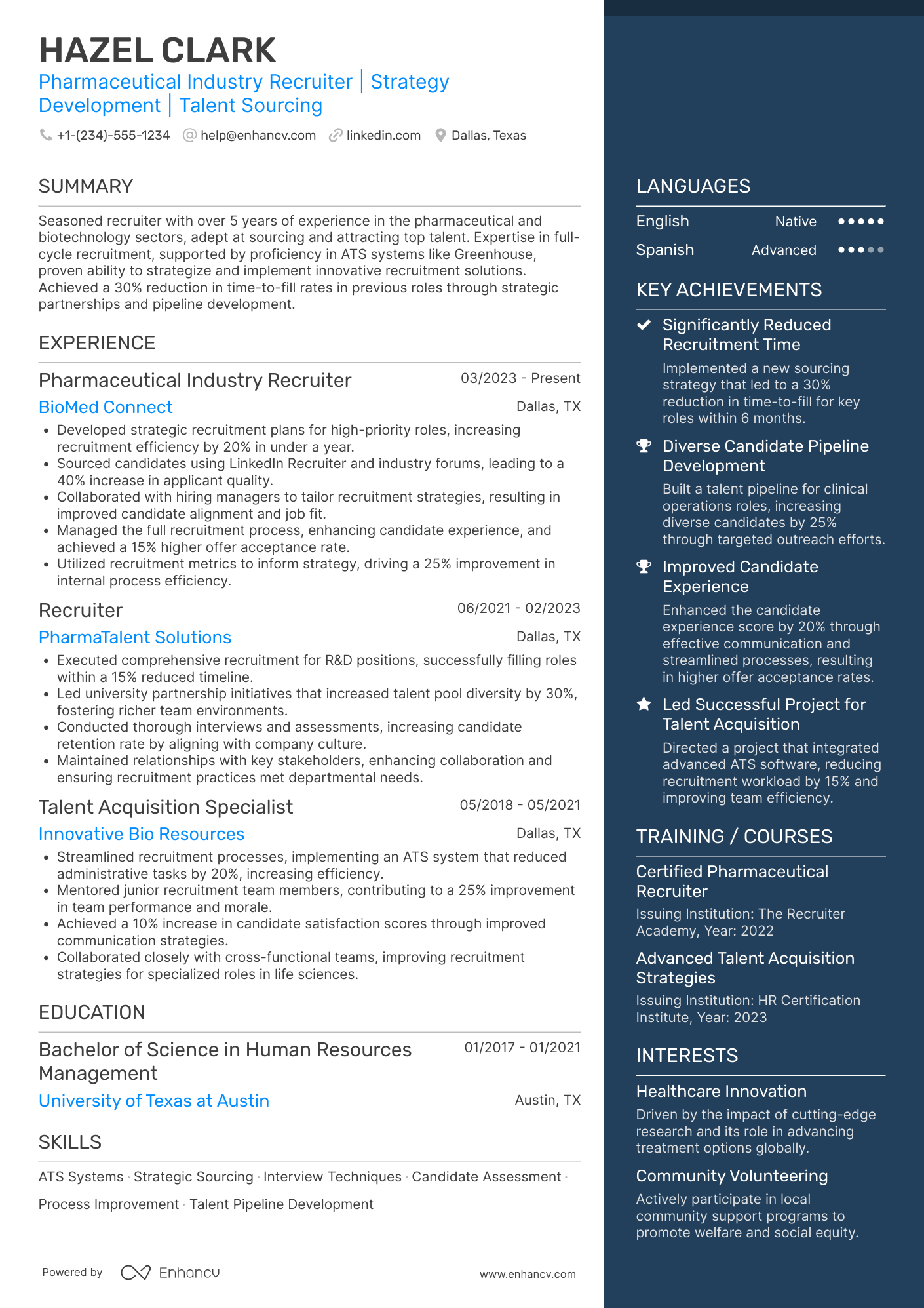 Pharmaceutical Industry Recruiter Resume Example