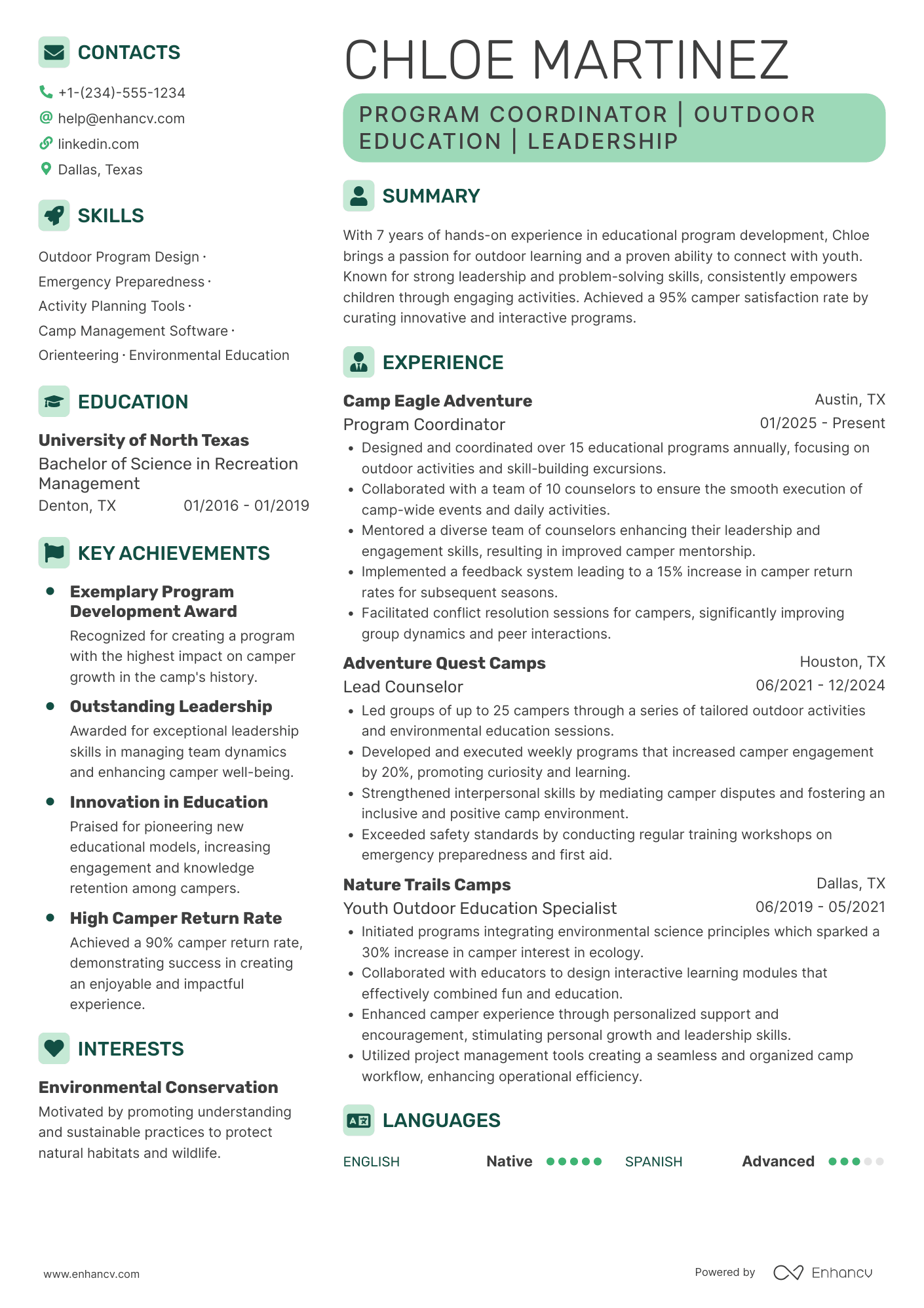 Summer Camp Counselor Resume Example