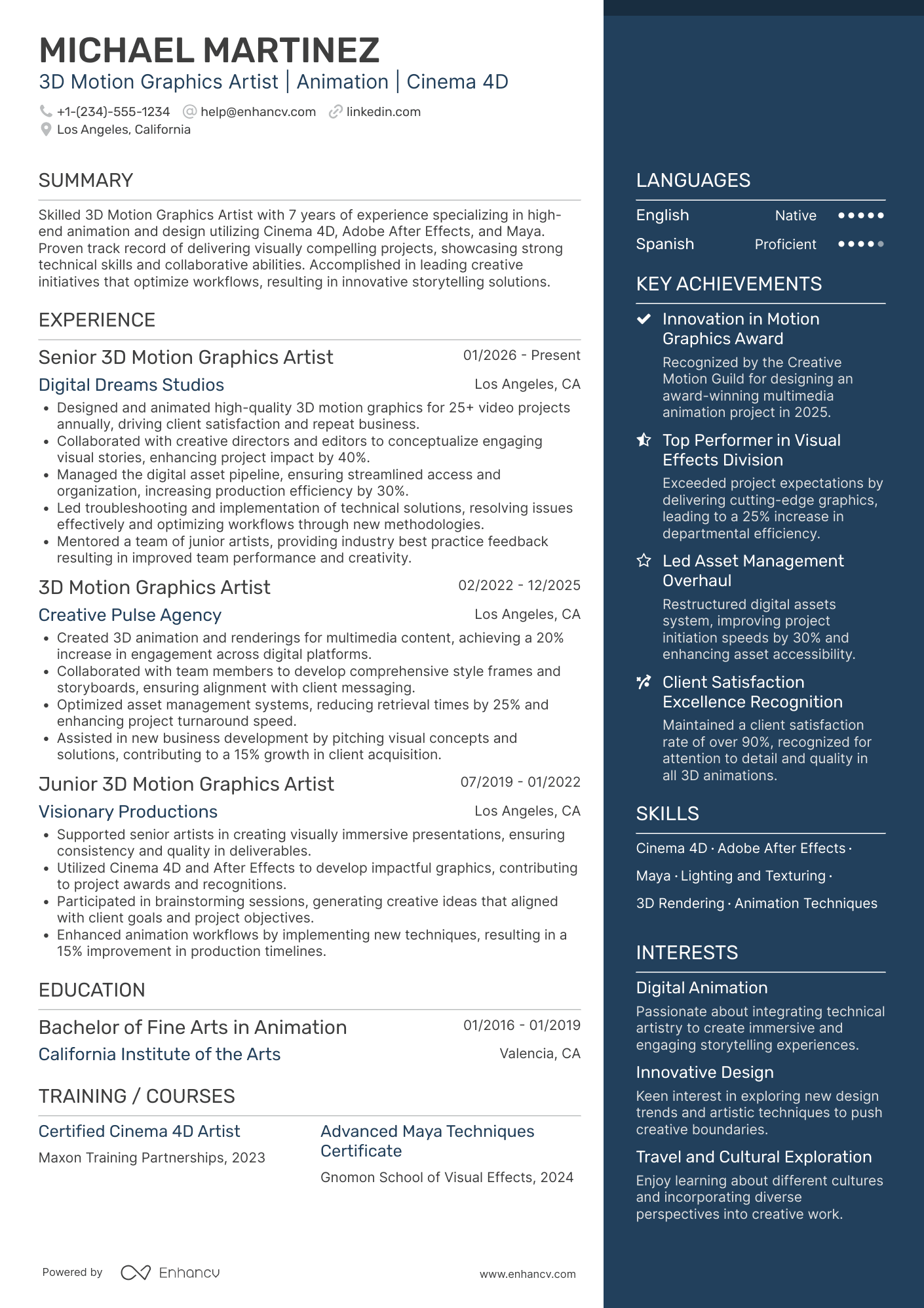 3D Motion Graphics Artist Resume Example