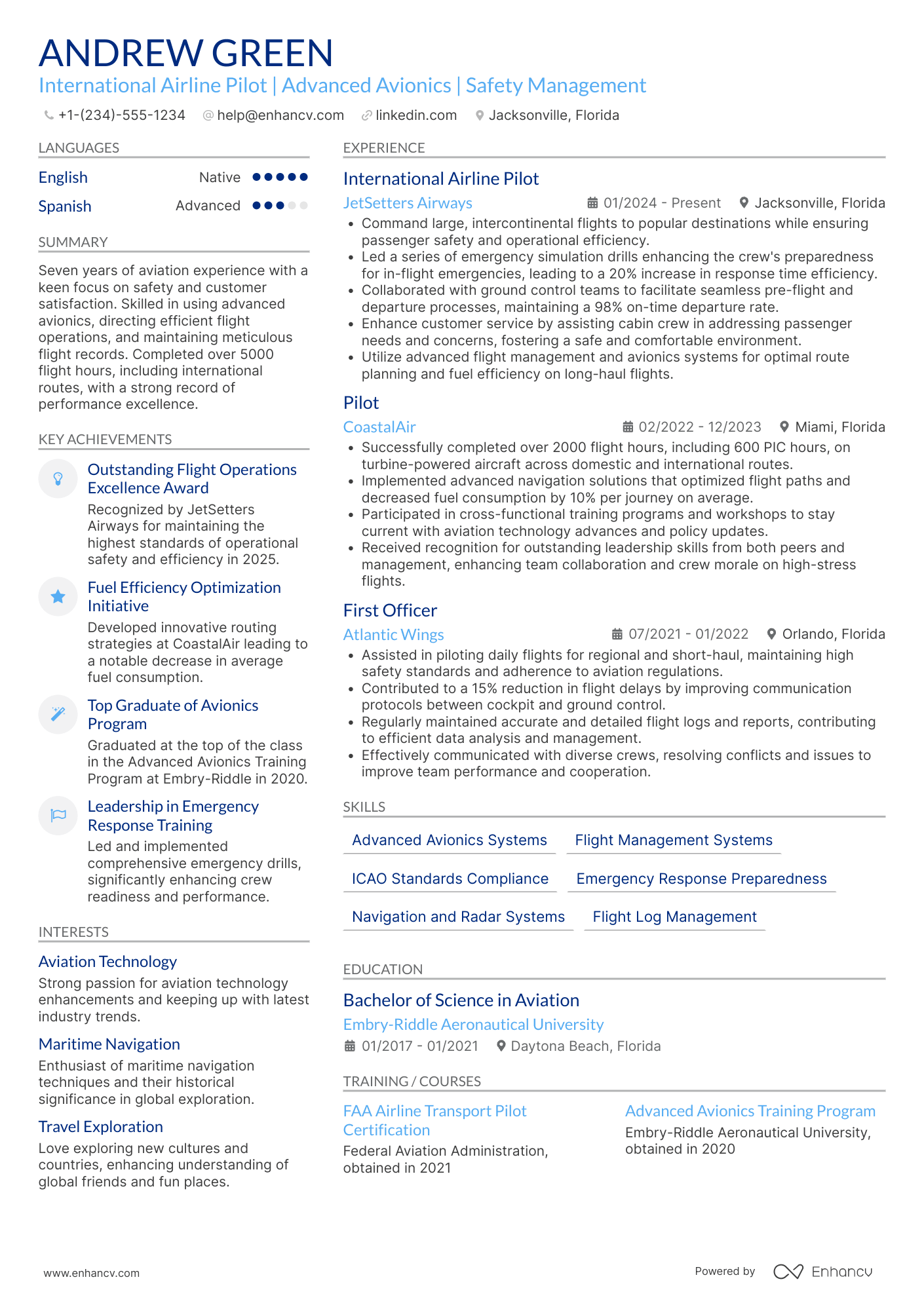 International Airline Pilot Resume Example